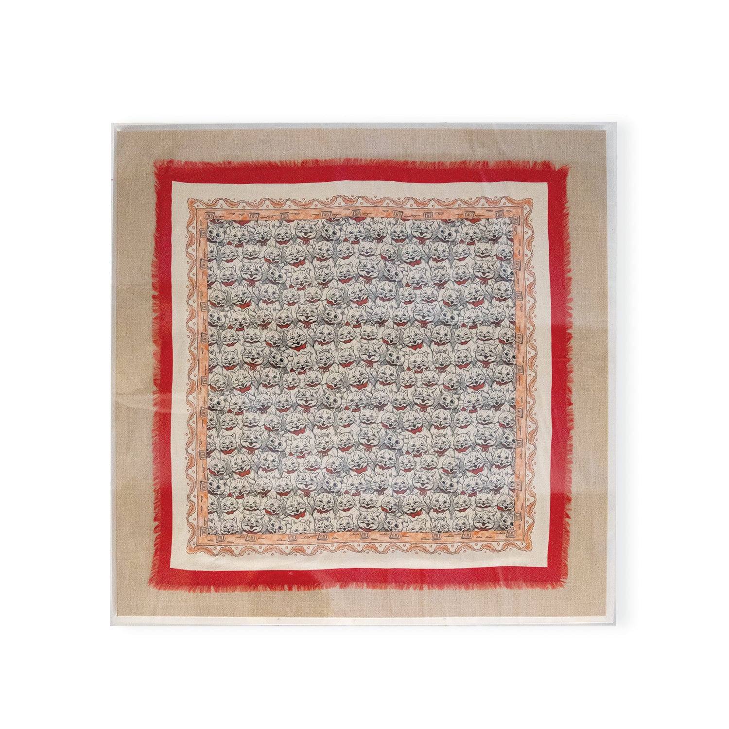 Framed Gucci Silk Mystic Cats Red & White Scarf in a 36x36x2 Shadowbox