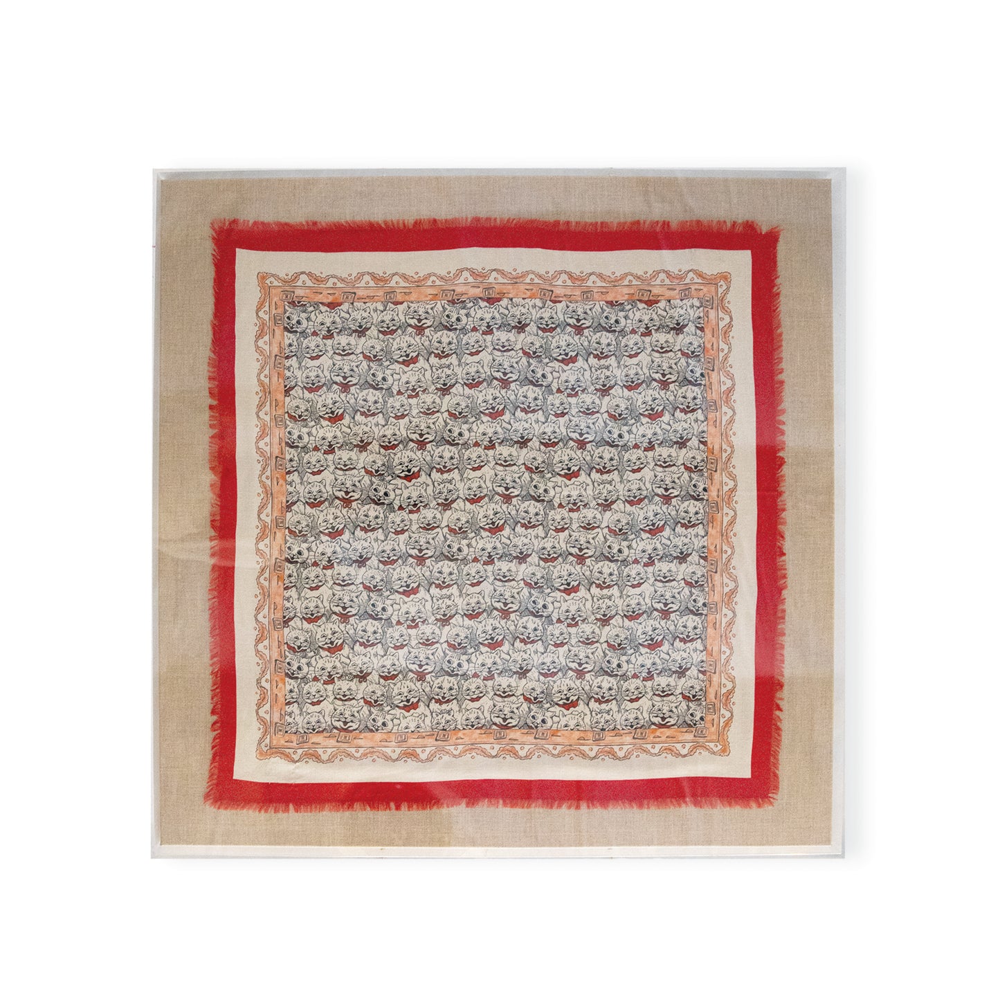 Framed Gucci Silk Mystic Cats Red & White Scarf in a 36x36x2 Shadowbox