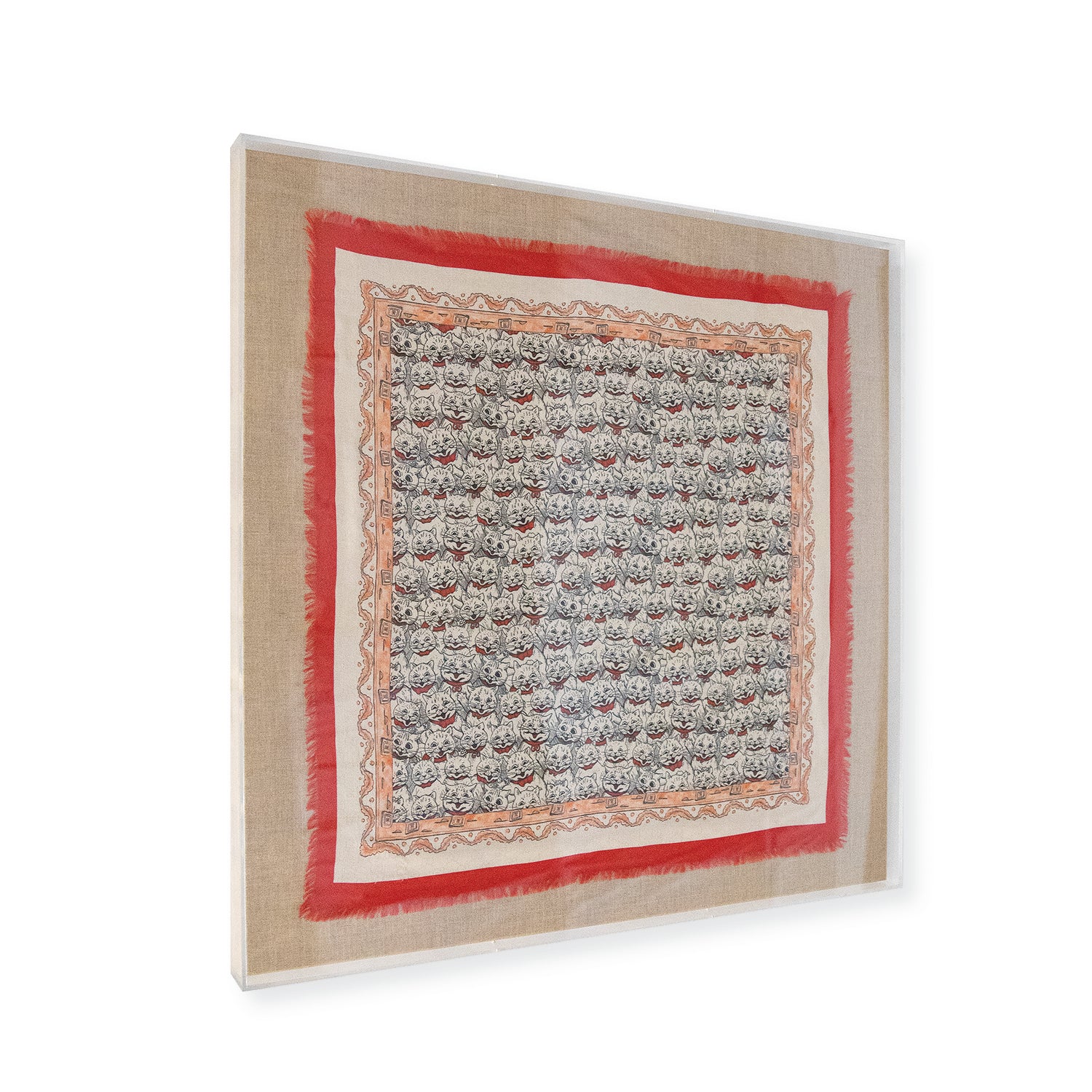 Framed Gucci Silk Mystic Cats Red & White Scarf in a 36x36x2 Shadowbox