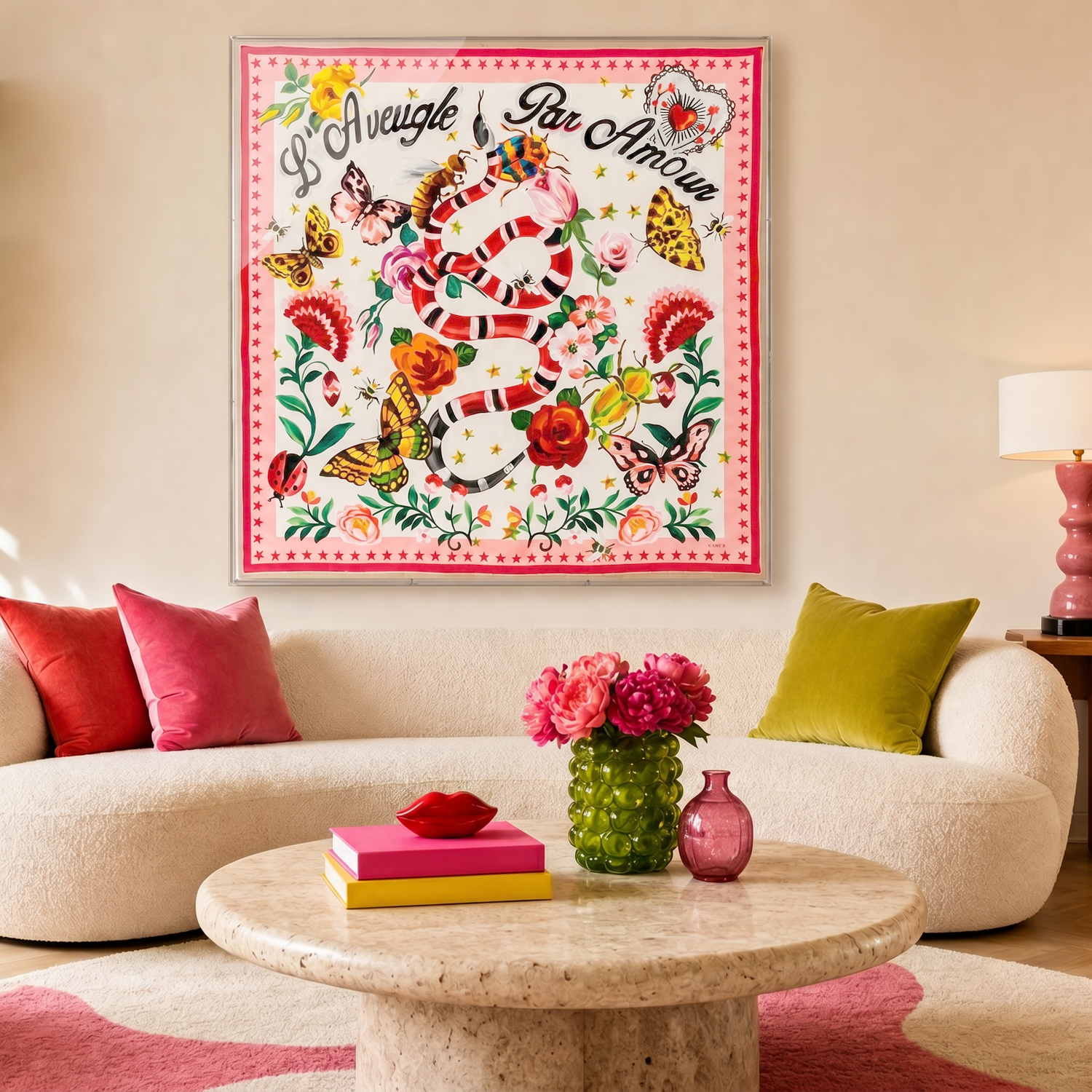 Framed Gucci L'Aveugele Par Amour Scarf in a 58x58x2" Shadowbox