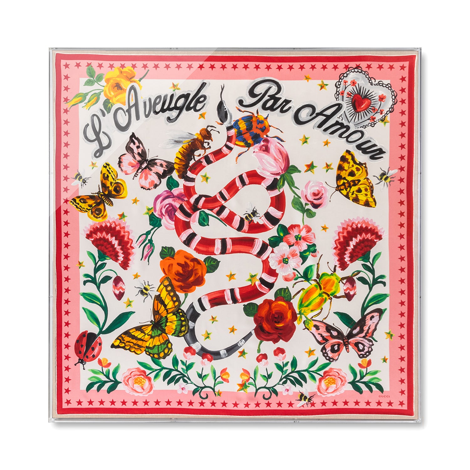 Framed Gucci L'Aveugele Par Amour Scarf in a 58x58x2" Shadowbox