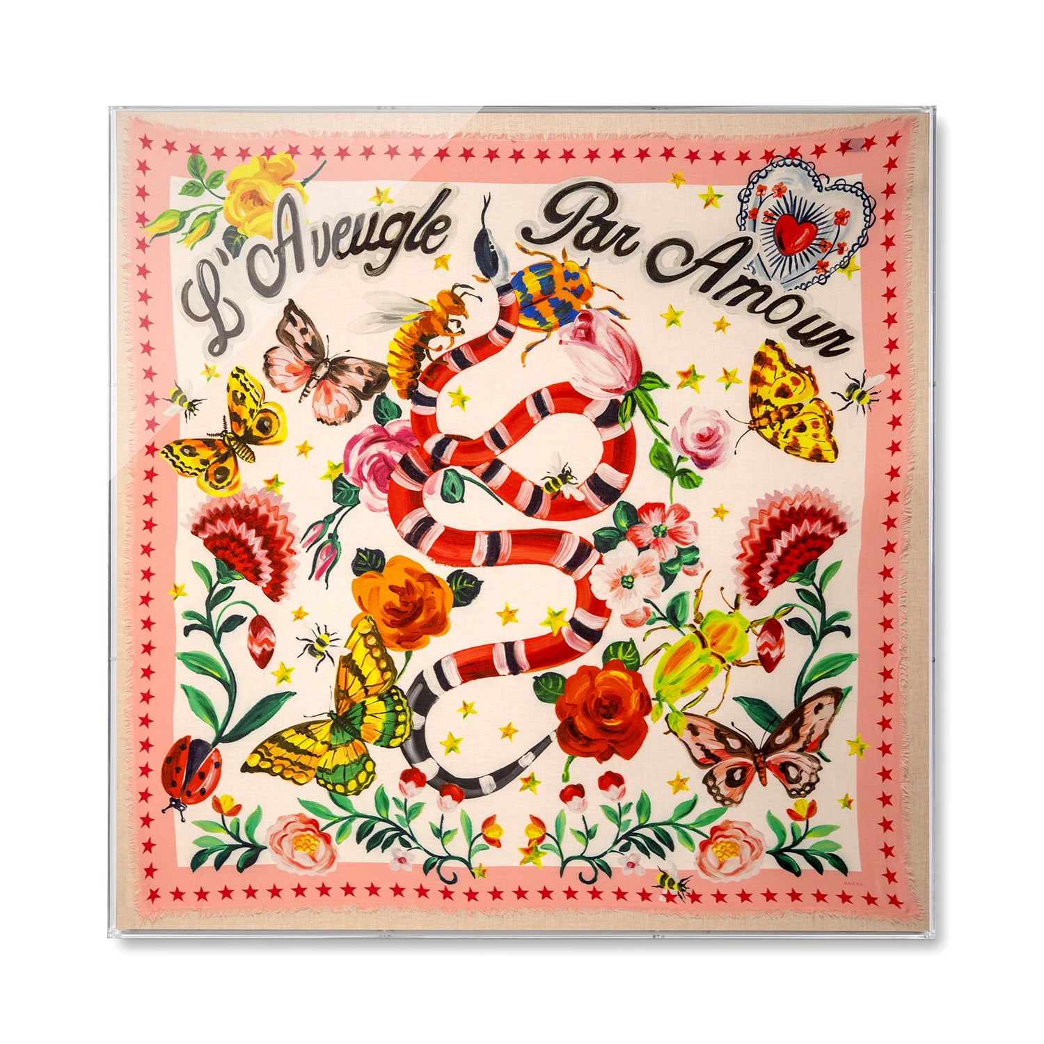 Framed Gucci L'Aveugele Par Amour Scarf in a 58x58x2" Shadowbox
