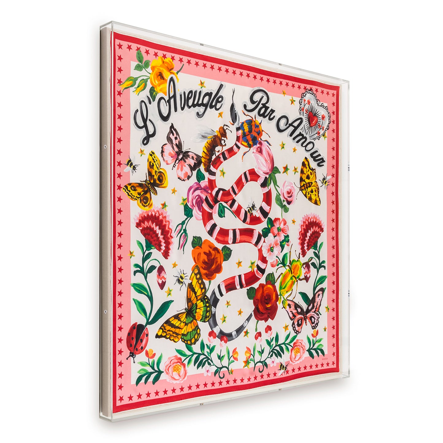 Framed Gucci L'Aveugele Par Amour Scarf in a 58x58x2" Shadowbox
