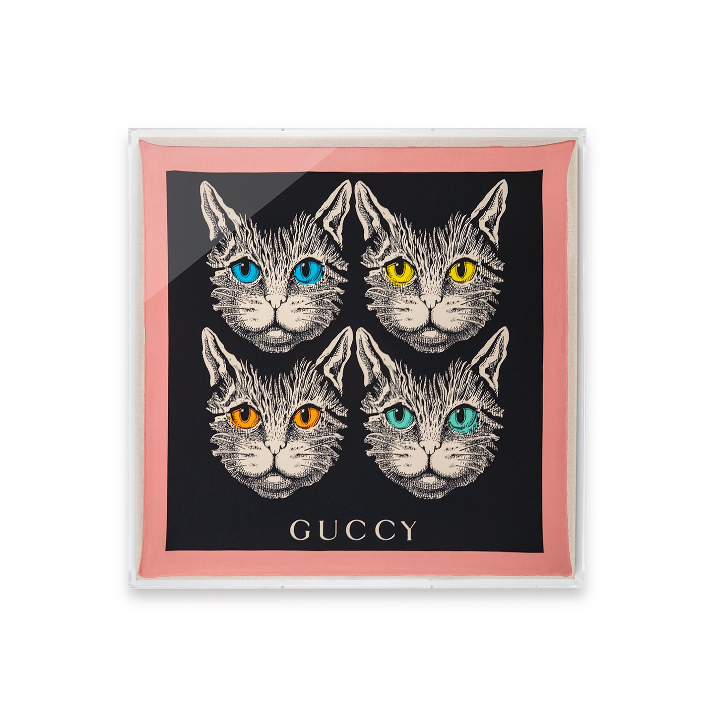 Framed Gucci Cruise 2018 Foulard Forcats Mystic Cat in a 36x36x2" Shadowbox