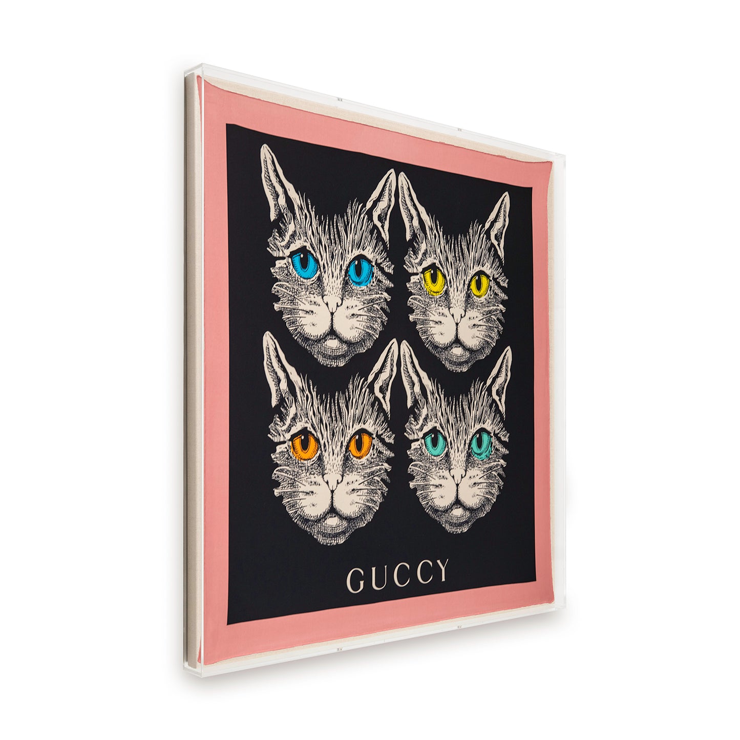 Framed Gucci Cruise 2018 Foulard Forcats Mystic Cat in a 36x36x2" Shadowbox
