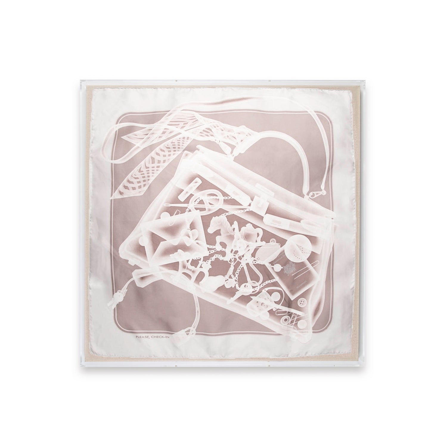 Framed Hermès Please Check In Birkin Grey Scarf in 36x36x2 Shadowbox