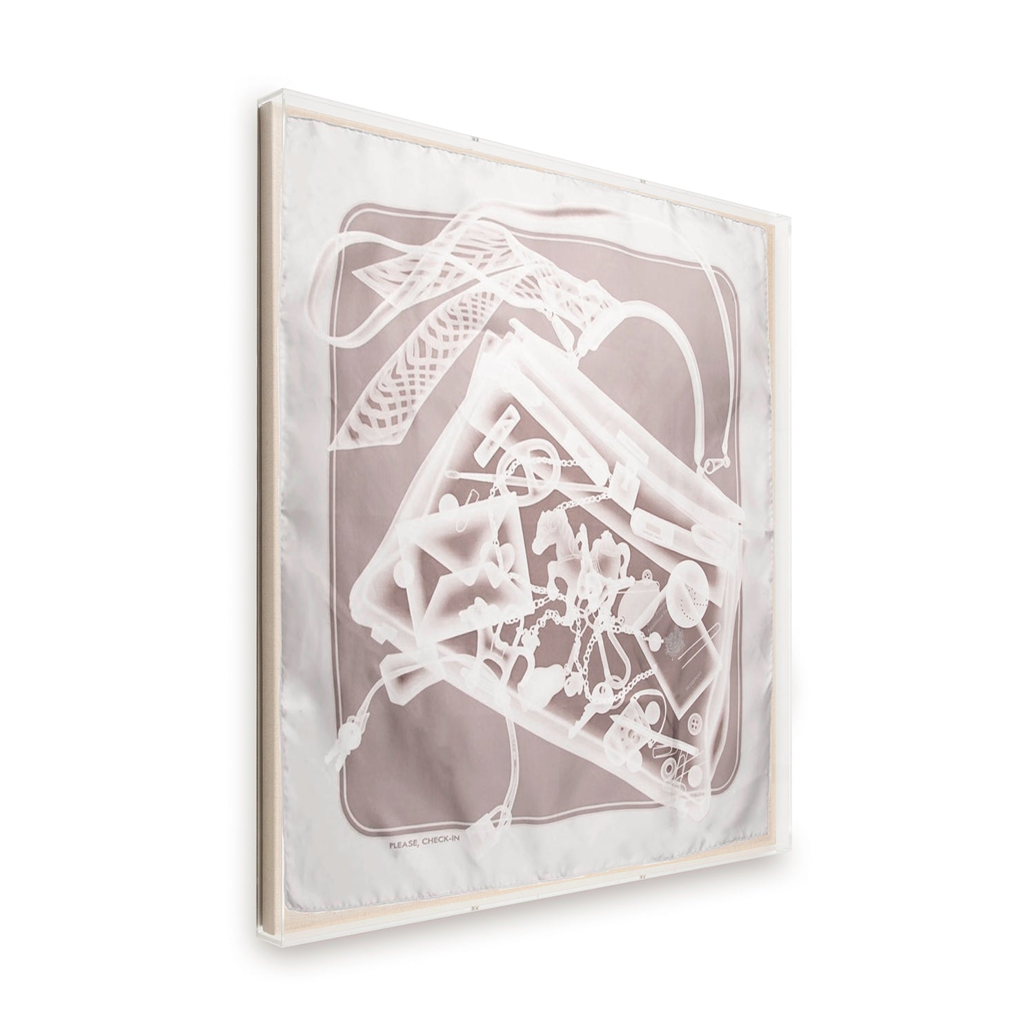 Framed Hermès Please Check In Birkin Grey Scarf in 36x36x2 Shadowbox