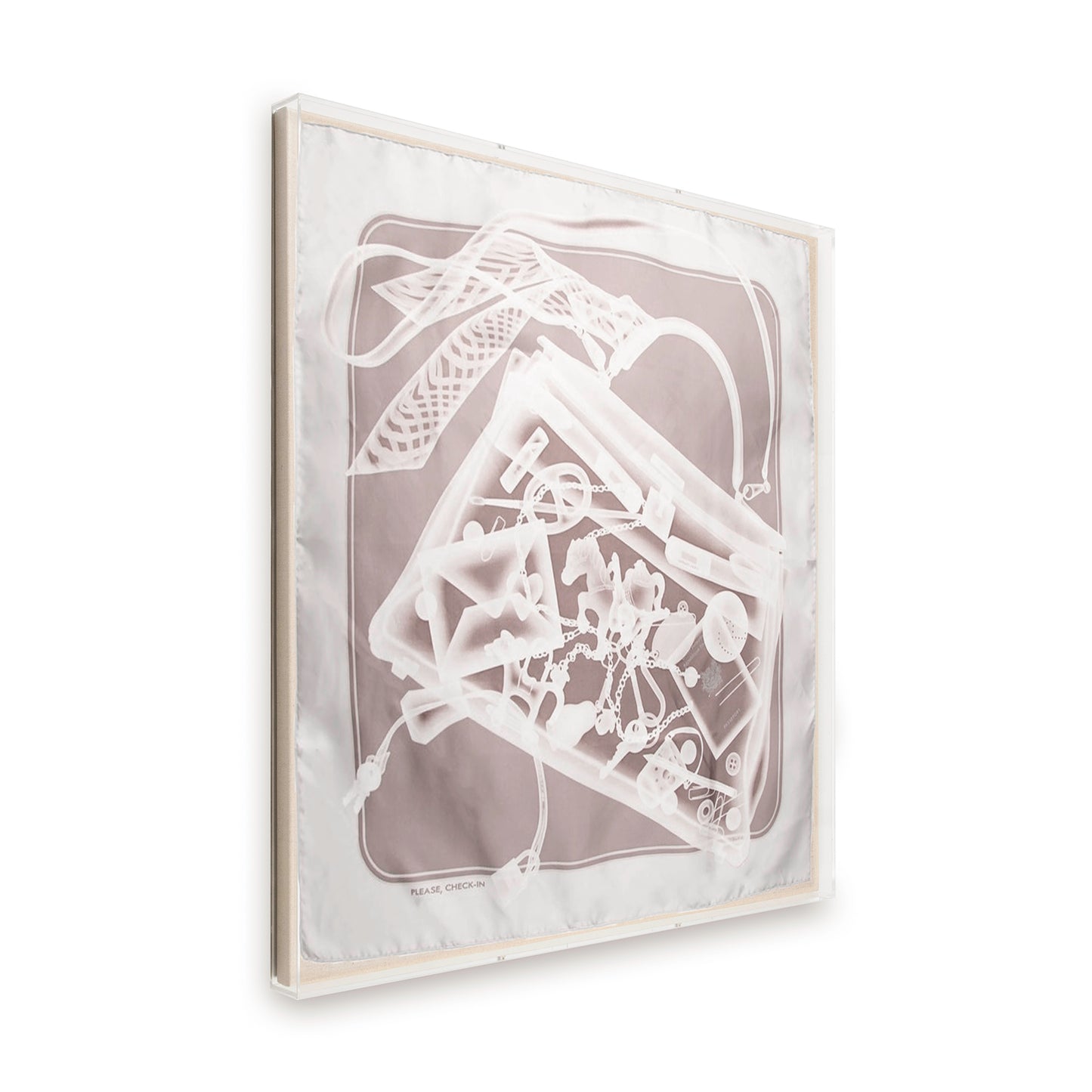 Framed Hermès Please Check In Birkin Grey Scarf in 36x36x2 Shadowbox
