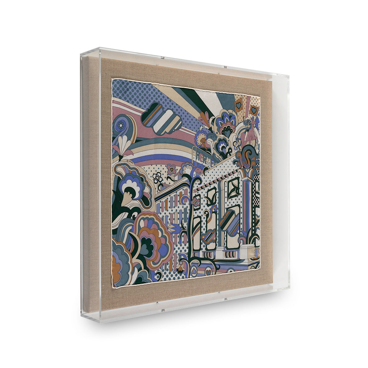 Framed Hermès Faubourg Rainbow Pocket Square in a 20x20x3 Shadowbox