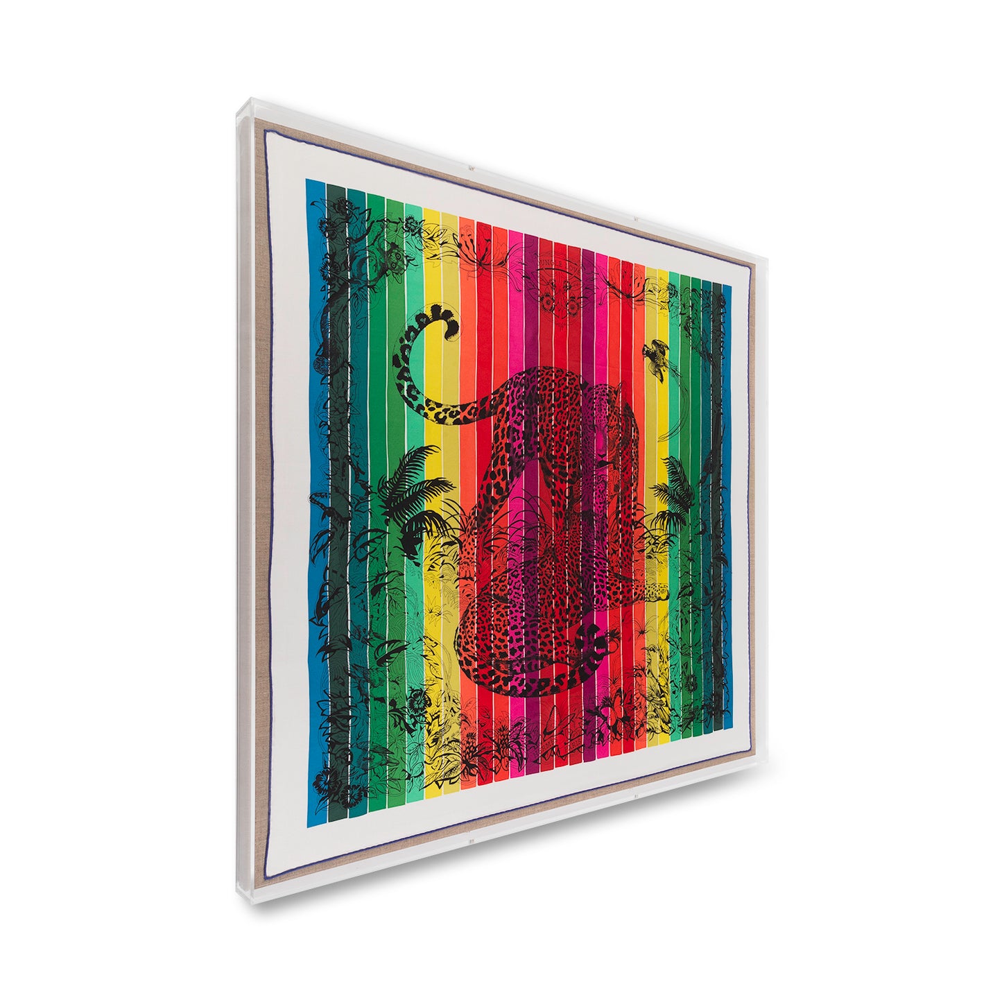 Framed Hermès Jungle Love Rainbow Silk Scarf in a 36x36x2" Shadowbox