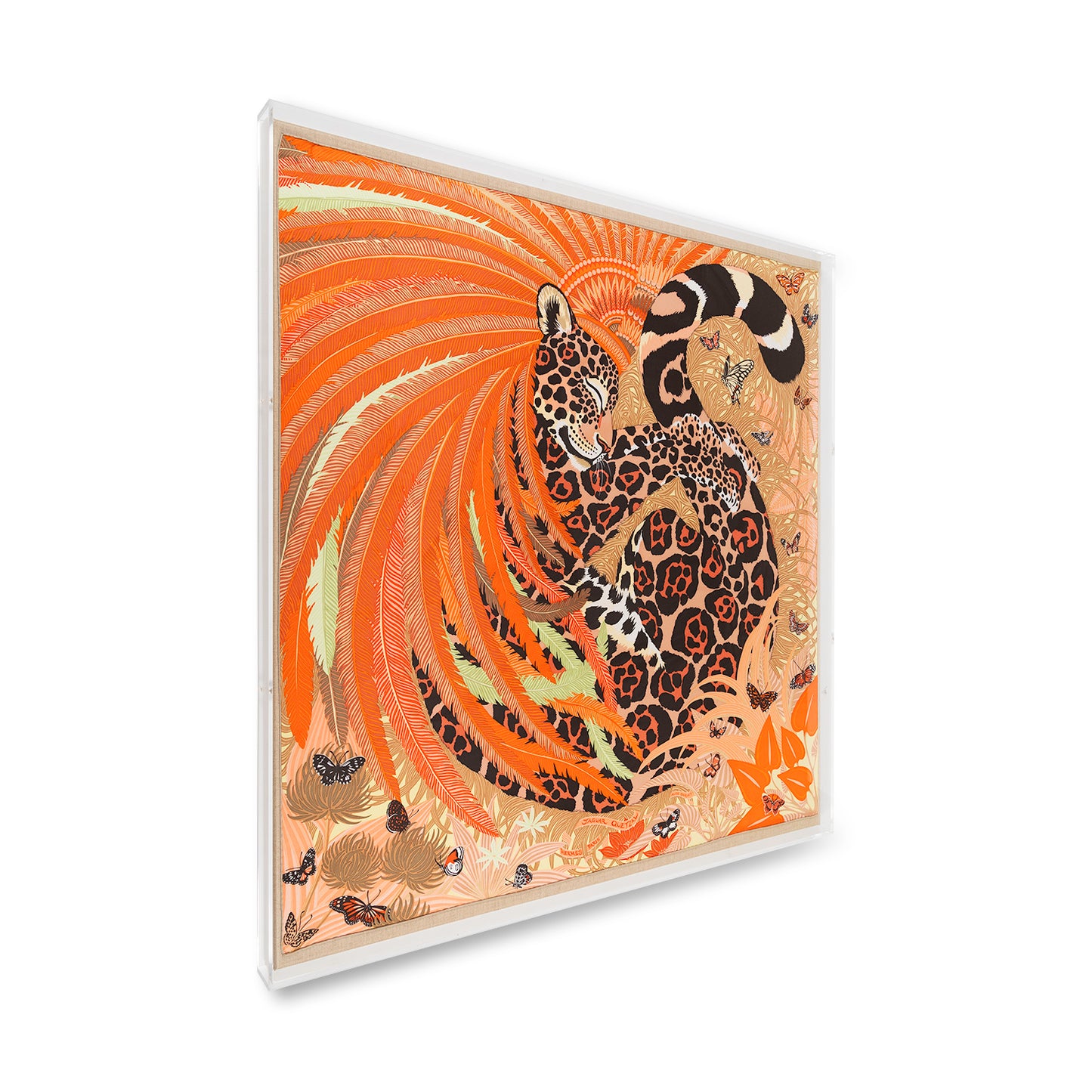 Framed Hermès Jaguar Queztal - Orange in a 36x36x2" Shadowbox