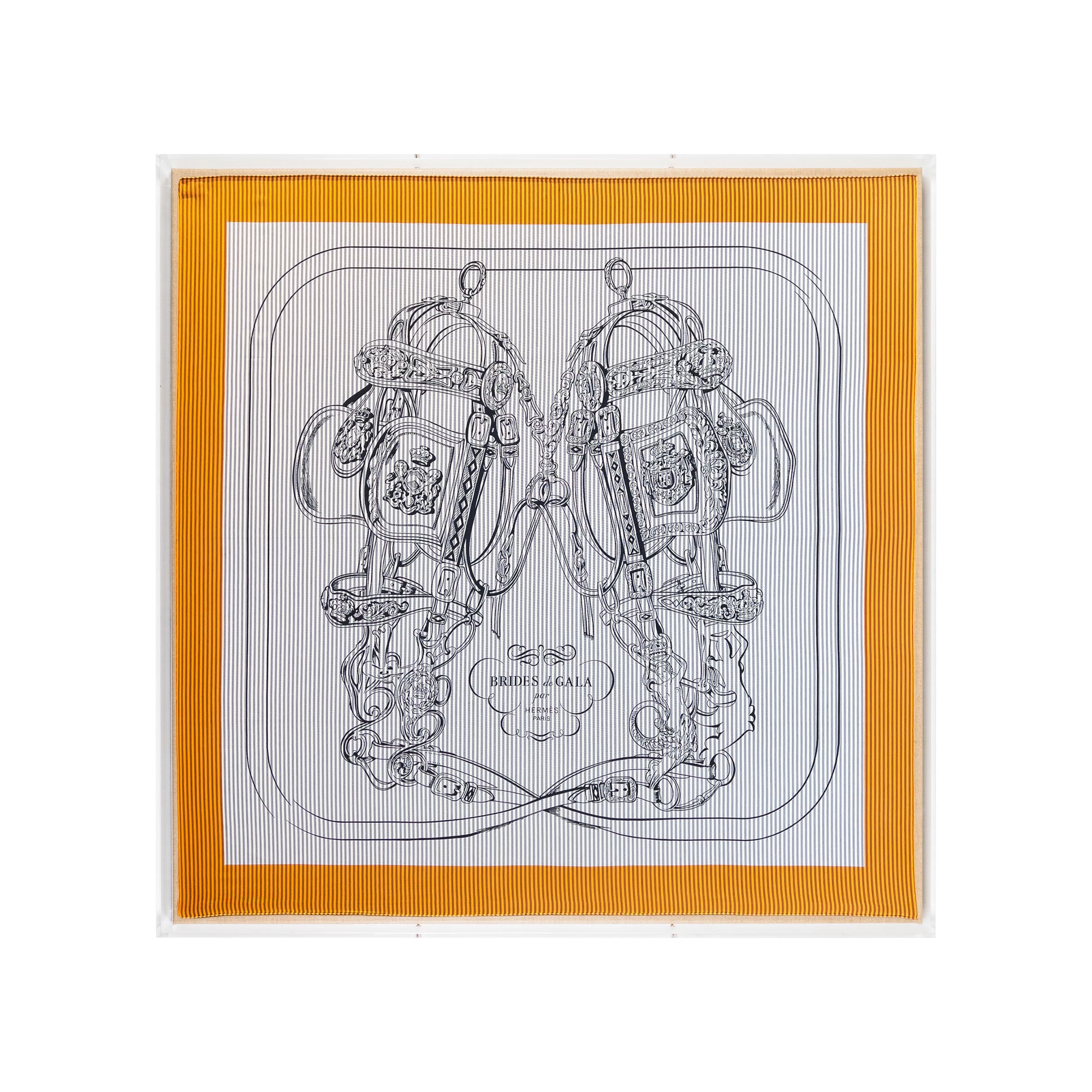 Framed Hermès Brides De Gala Ceremonial Bridle Orange Gray Silk Scarf in a 36x36x2 Shadowbox