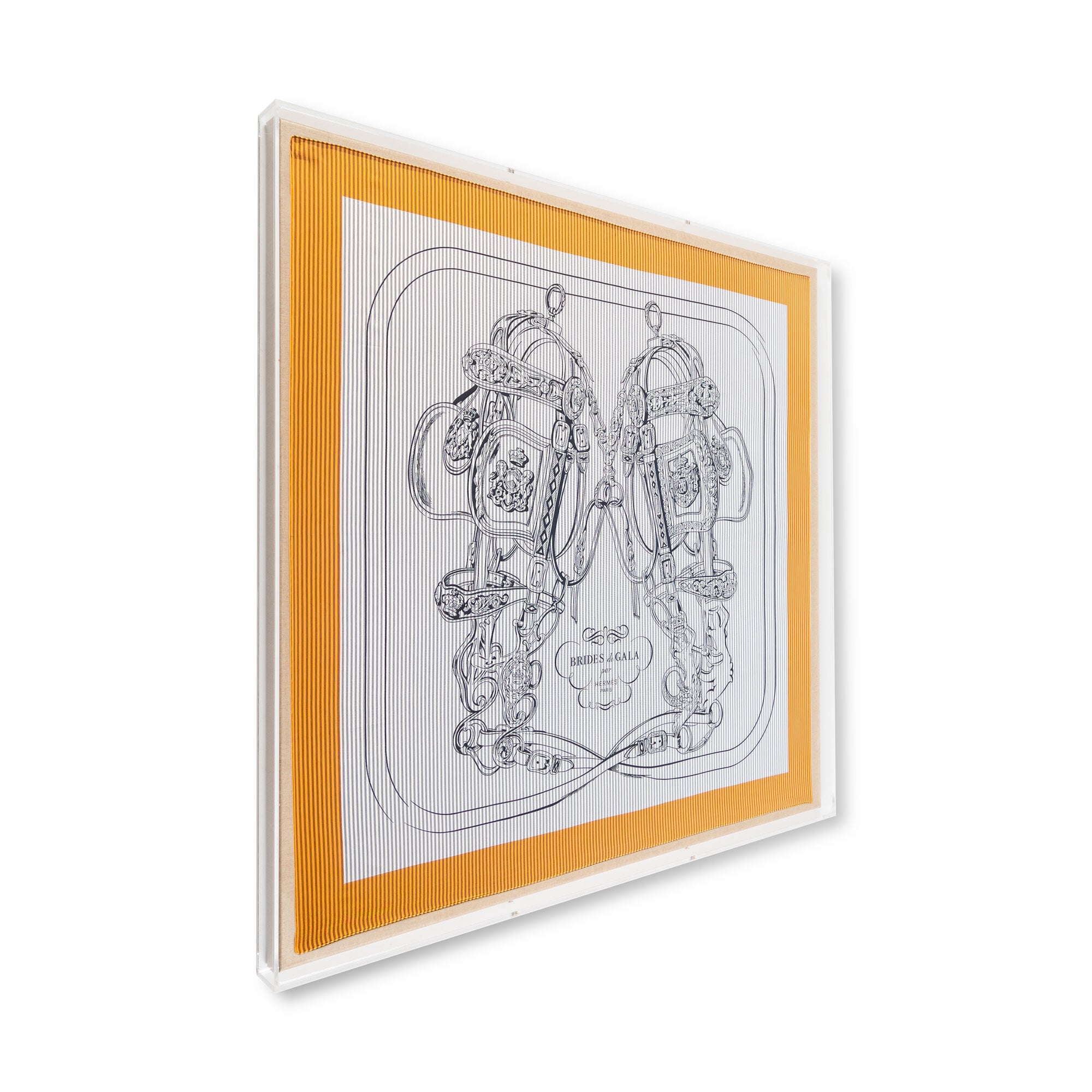 Framed Hermès Brides De Gala Ceremonial Bridle Orange Gray Silk Scarf in a 36x36x2 Shadowbox