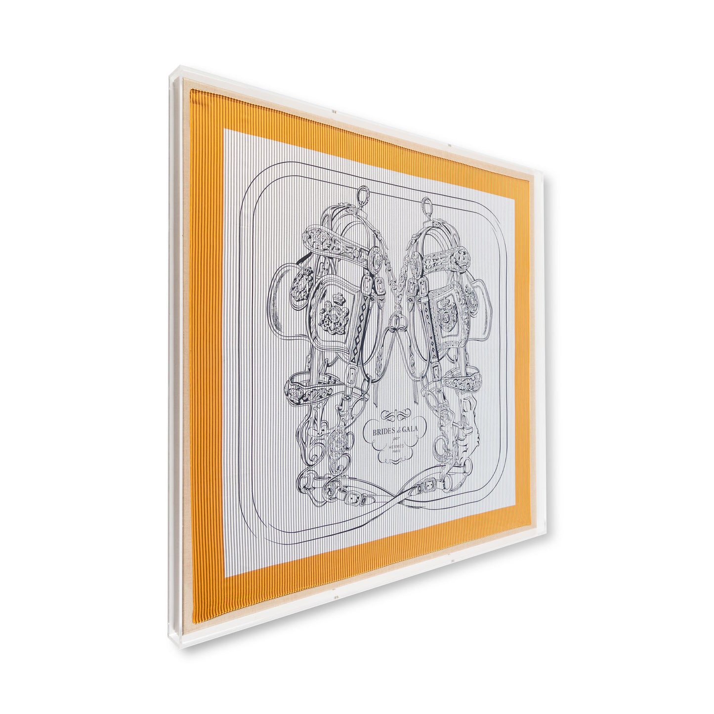 Framed Hermès Brides De Gala Ceremonial Bridle Orange Gray Silk Scarf in a 36x36x2 Shadowbox