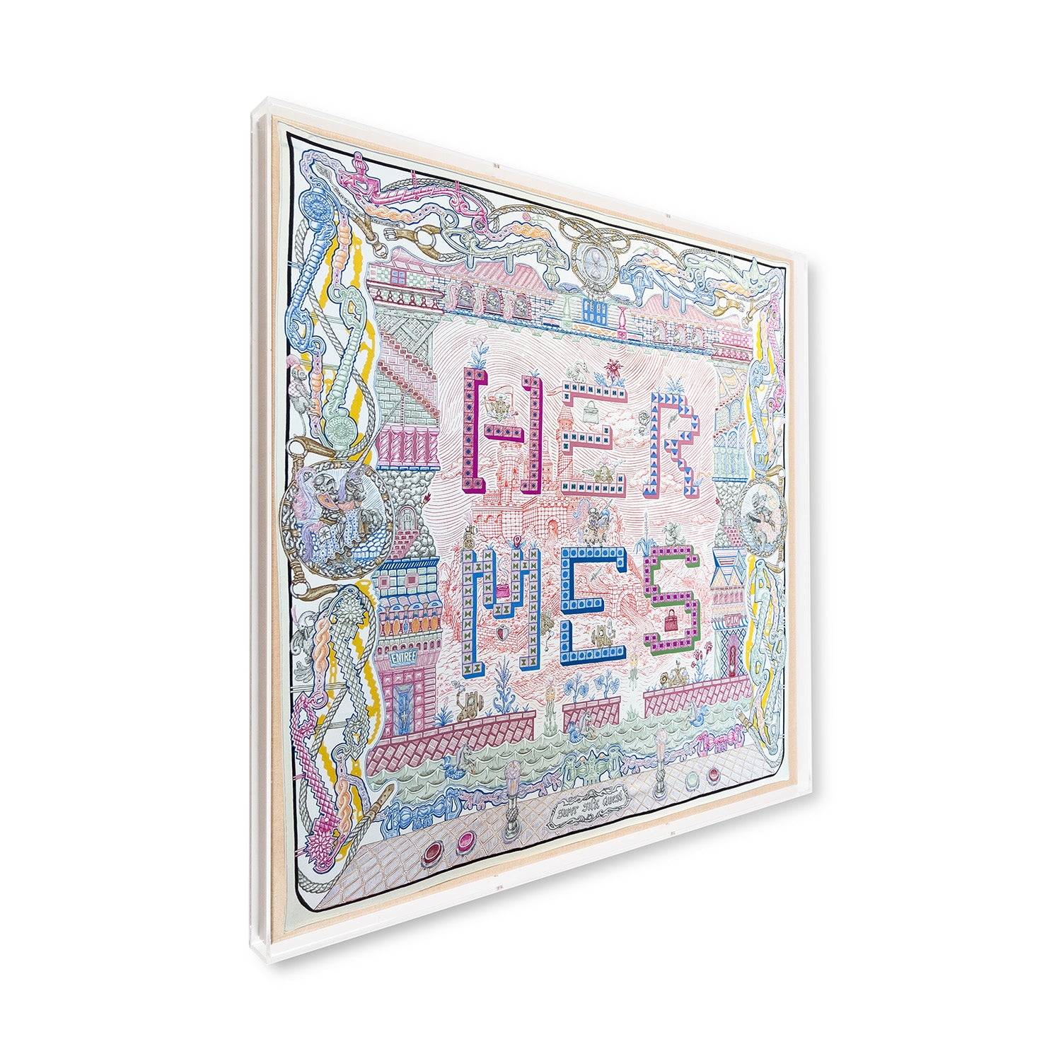 Framed Hermès Super Silk Quest Pink & Blue Scarf in a 36x36x2 Shadowbox