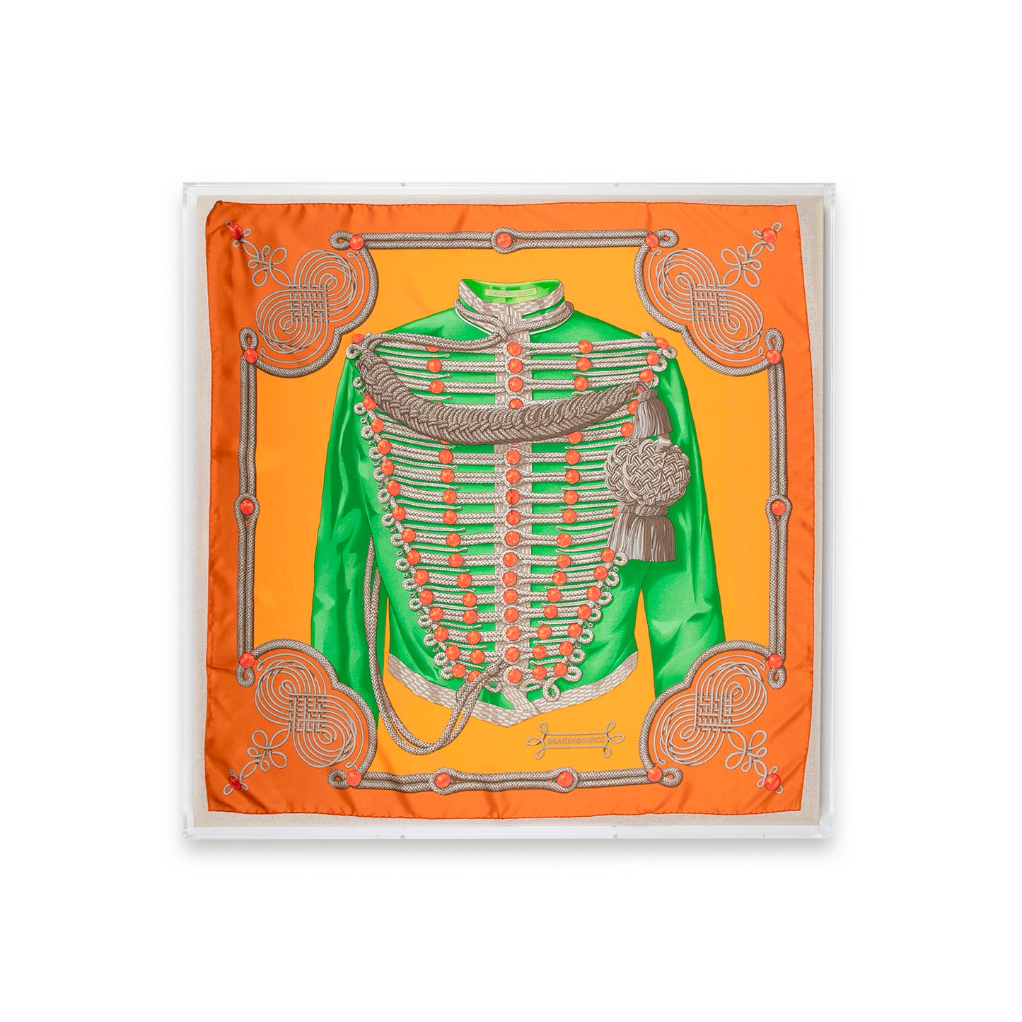 Framed Hermès Brandebourgs Green & Orange Silk Scarf in a 36x36x2" Shadowbox