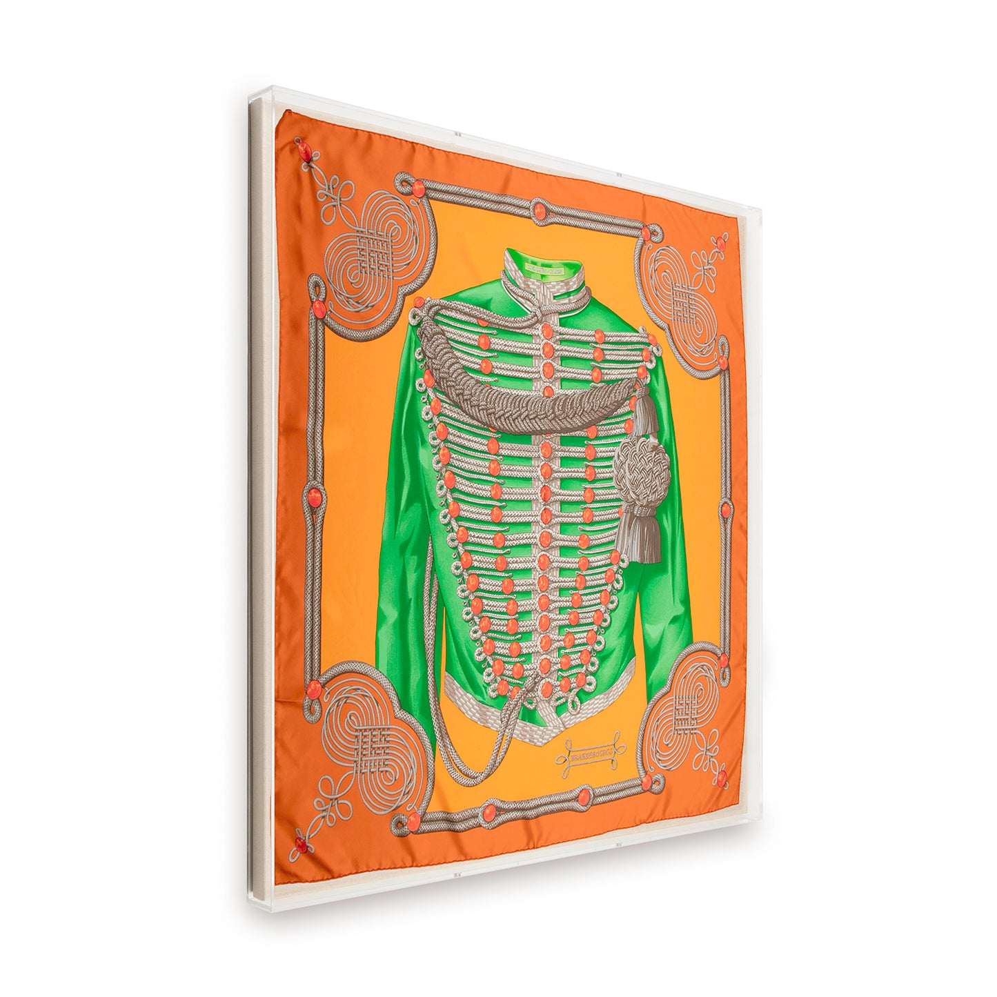Framed Hermès Brandebourgs Green & Orange Silk Scarf in a 36x36x2" Shadowbox