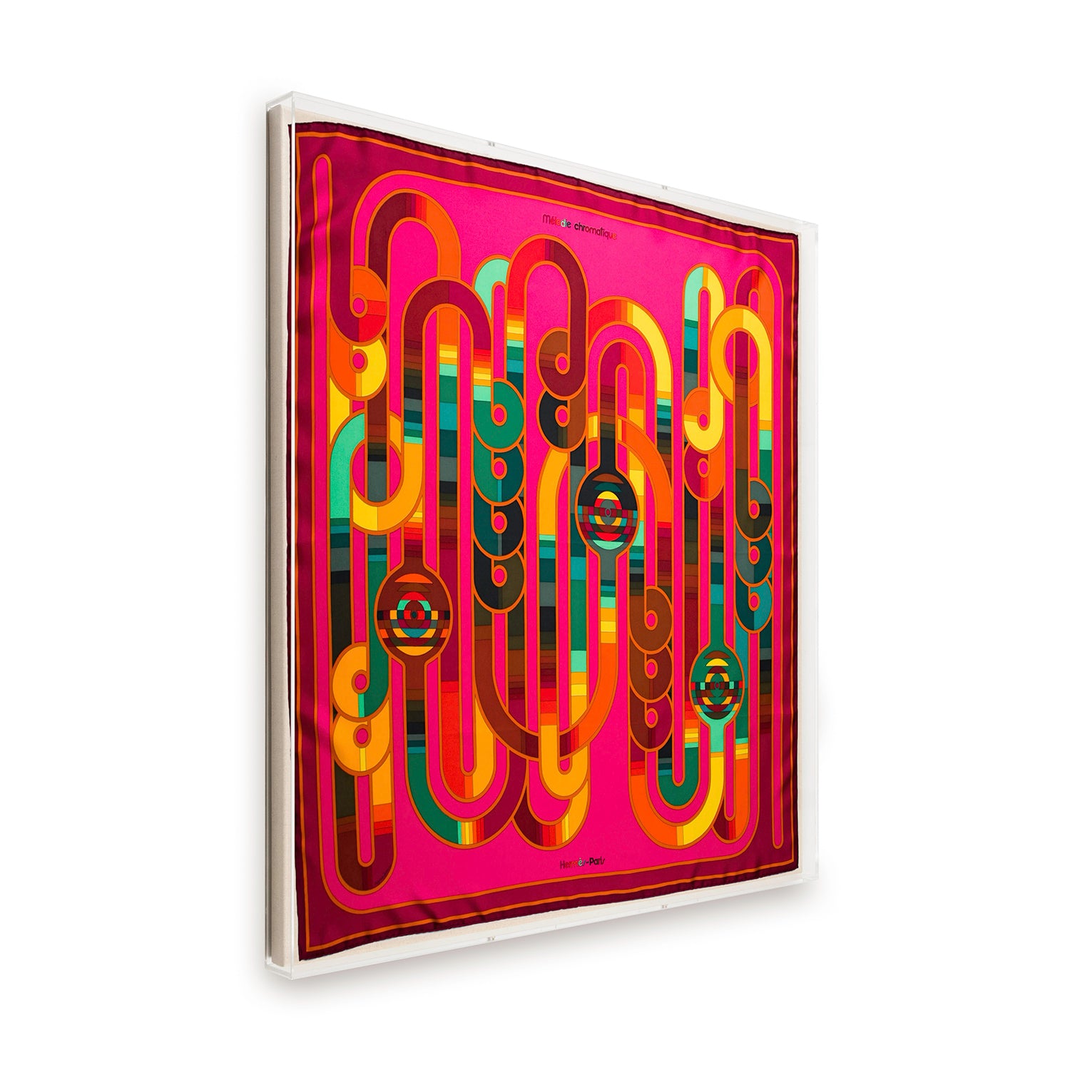 Framed Hermès Melodie Chromatique Silk Scarf in a 36x36x2 Shadowbox