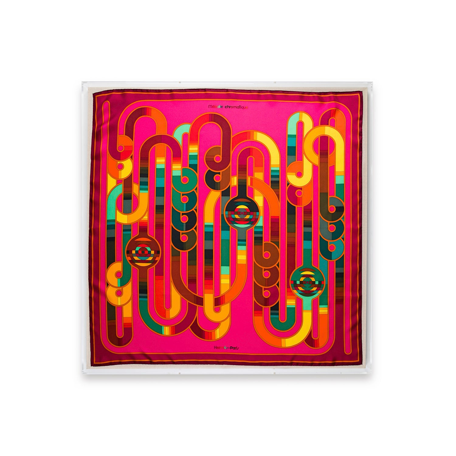Framed Hermès Melodie Chromatique Silk Scarf in a 36x36x2 Shadowbox