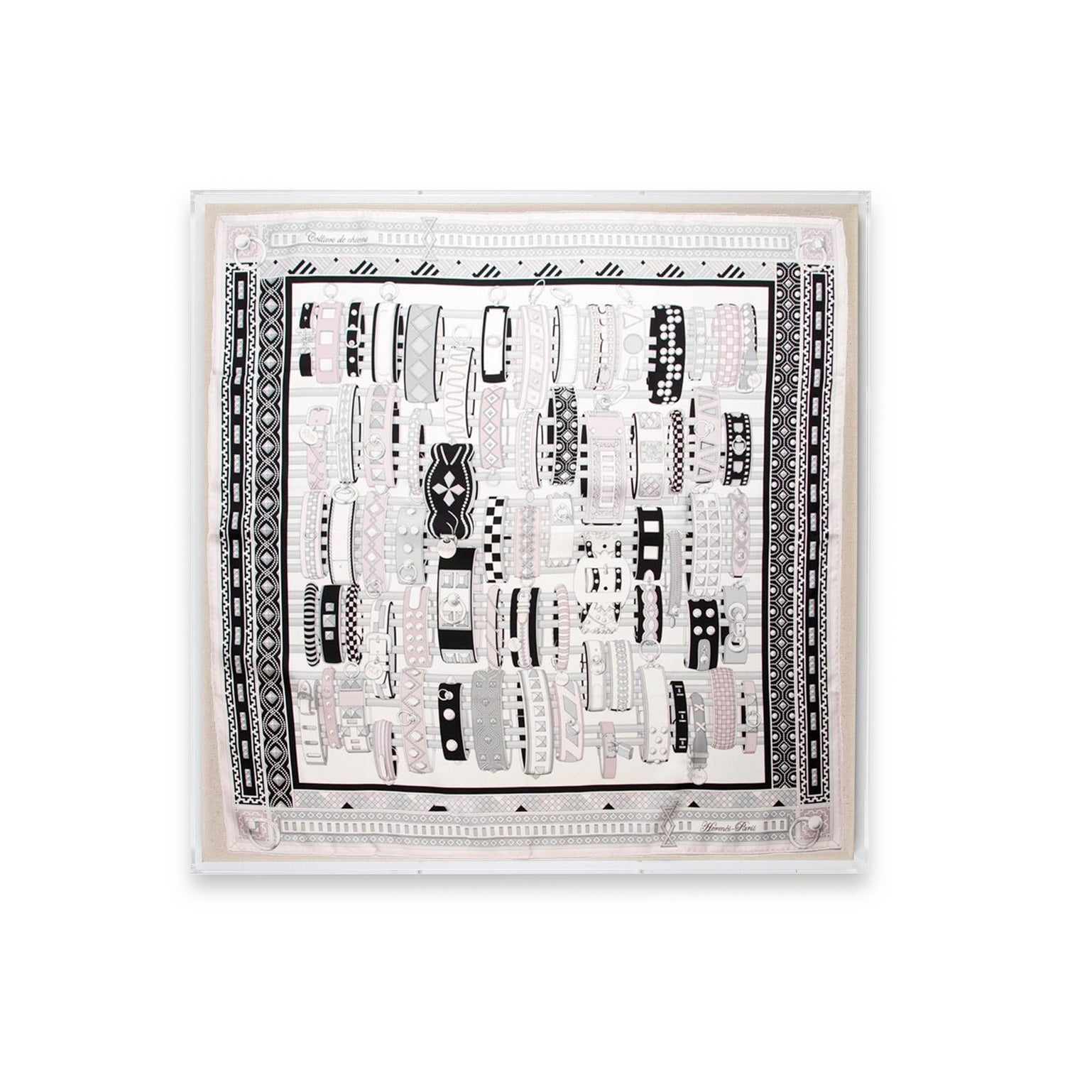 Framed Hermès Colliers de Chien White Silk Scarf in a 36x36x2 Shadowbox