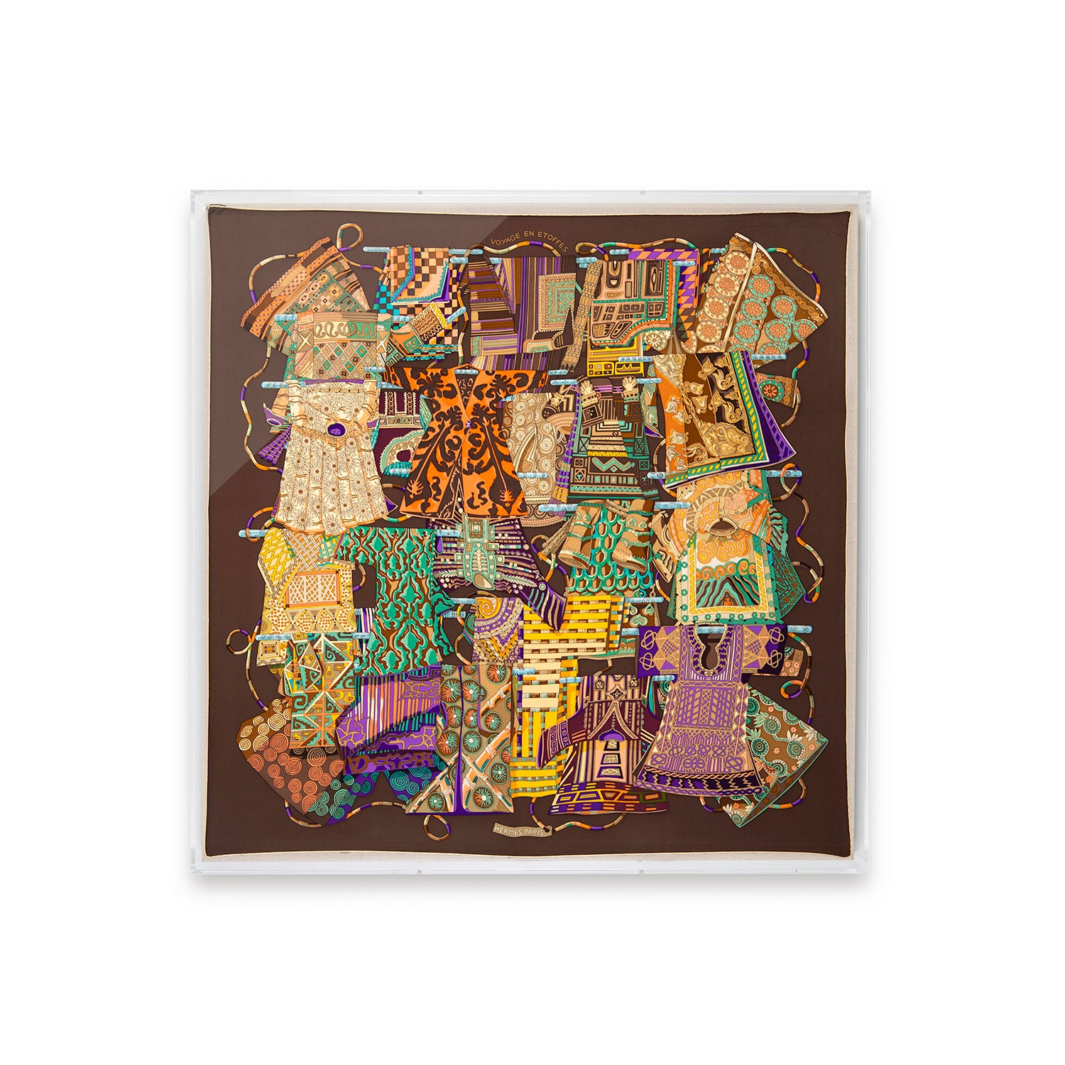 Framed Hermès Voyage En Étoffes Silk Scarf in a 36x36x2" Shadowbox