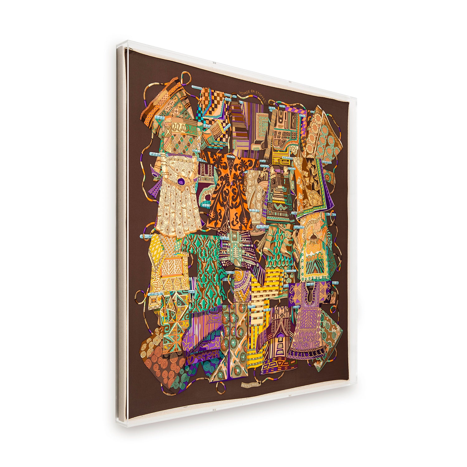 Framed Hermès Voyage En Étoffes Silk Scarf in a 36x36x2" Shadowbox