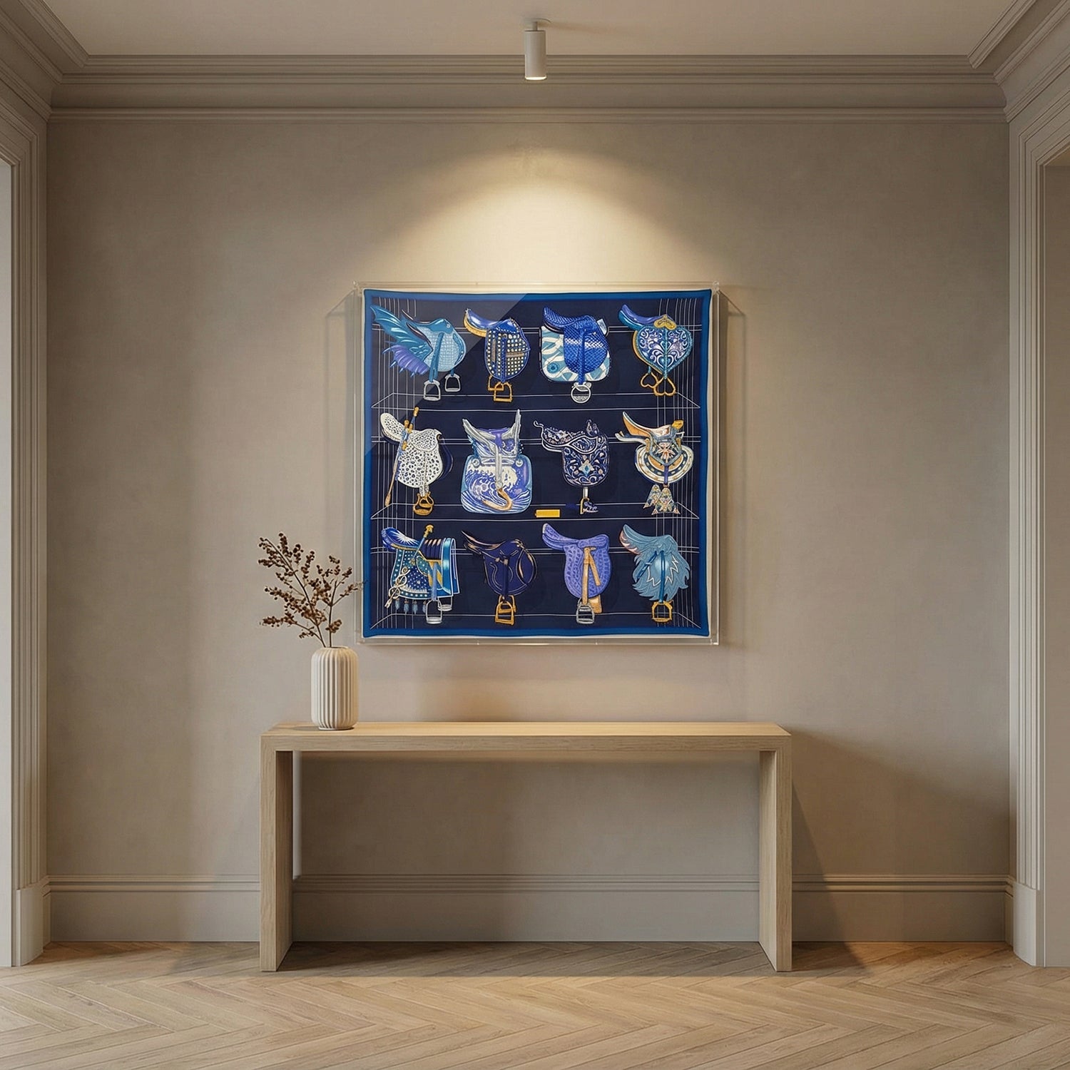 Framed Hermès Tous en Selle Silk Scarf in a 36x36x2" Shadowbox