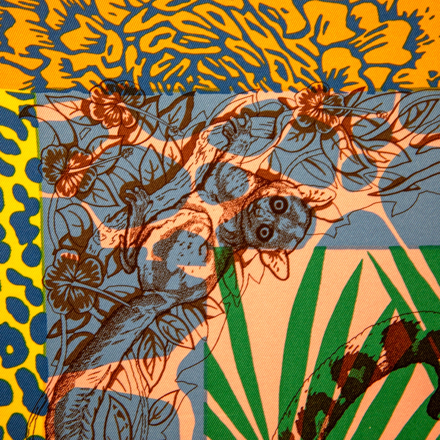 Framed Hermès Jungle Love Stamped Silk Scarf in a 30x30x2" Shadowbox