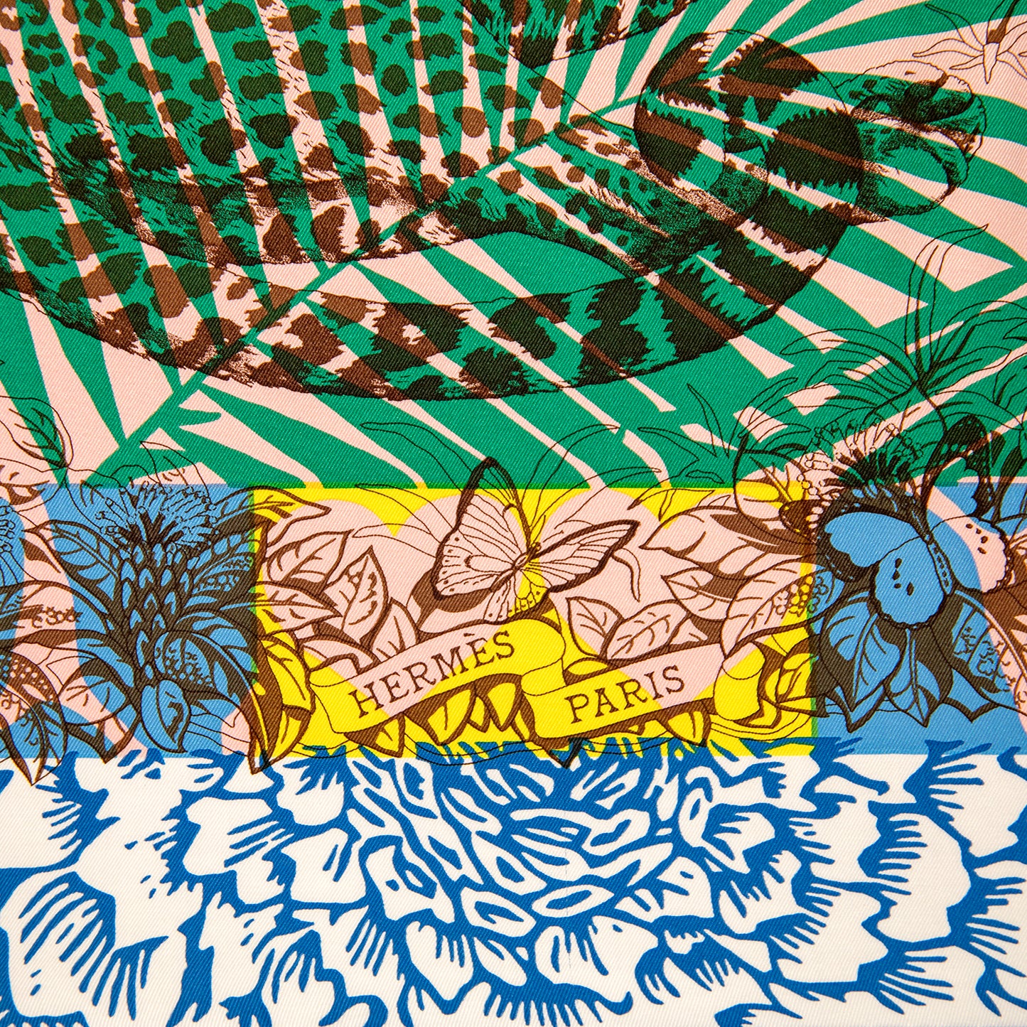 Framed Hermès Jungle Love Stamped Silk Scarf in a 30x30x2" Shadowbox