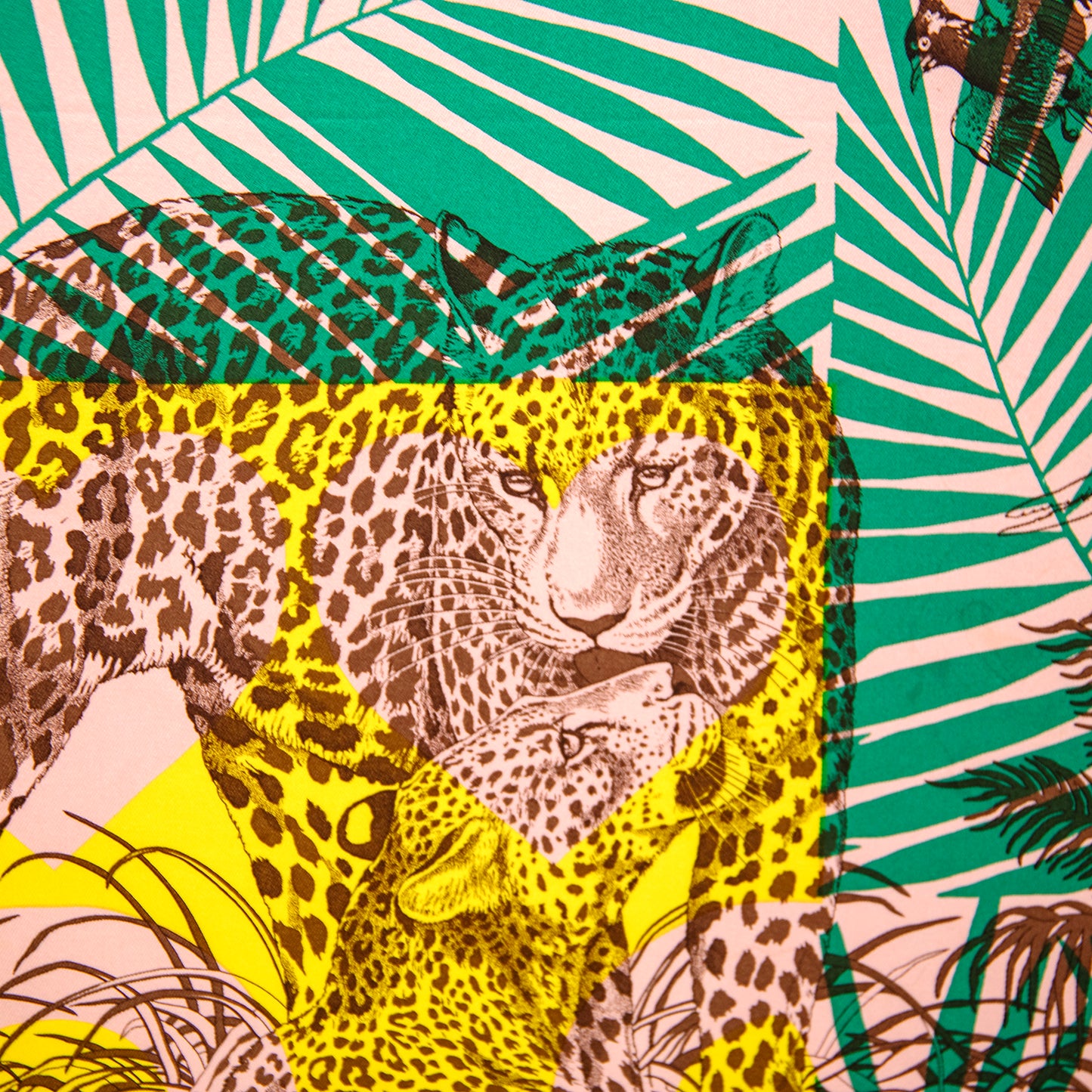 Framed Hermès Jungle Love Stamped Silk Scarf in a 30x30x2" Shadowbox