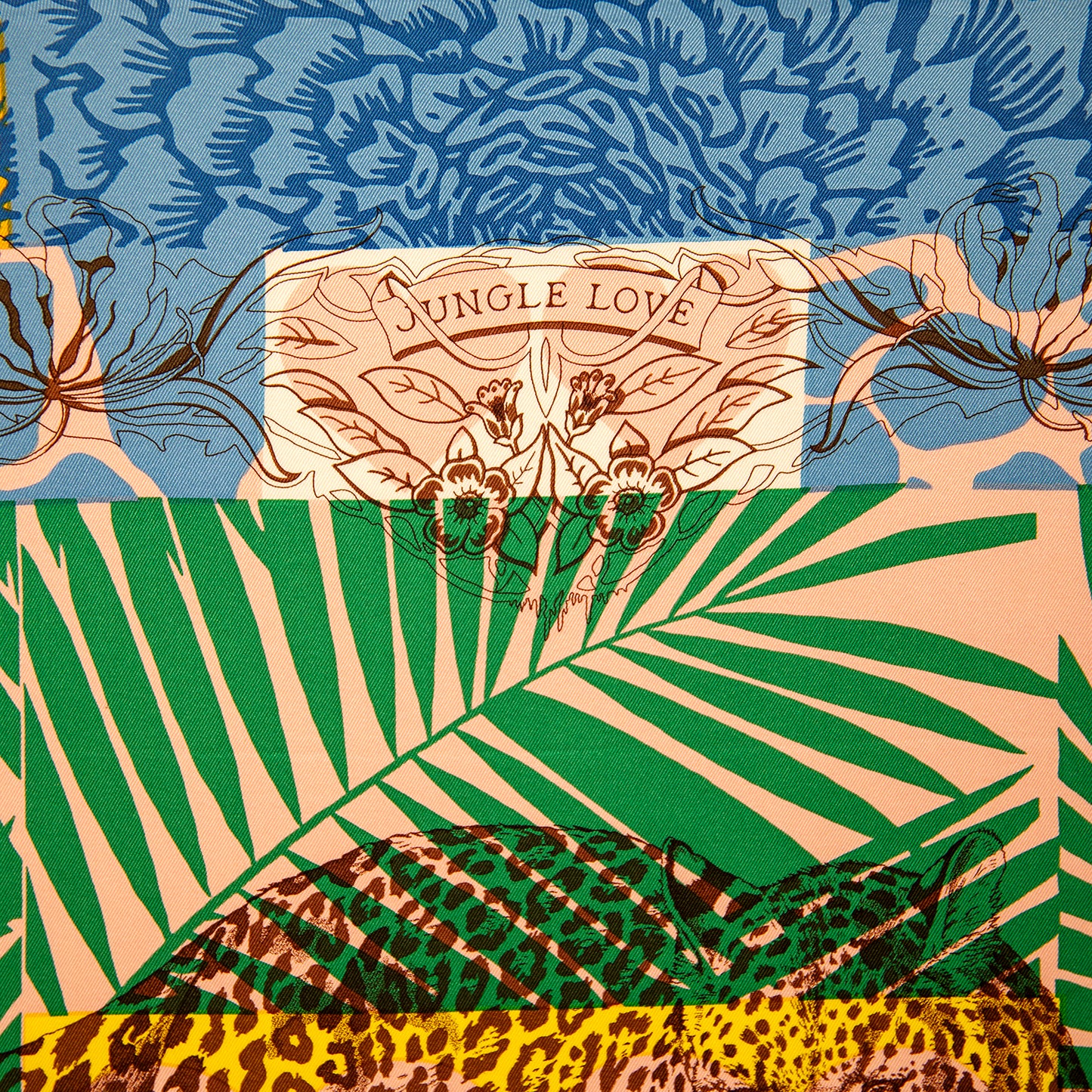 Framed Hermès Jungle Love Stamped Silk Scarf in a 30x30x2" Shadowbox