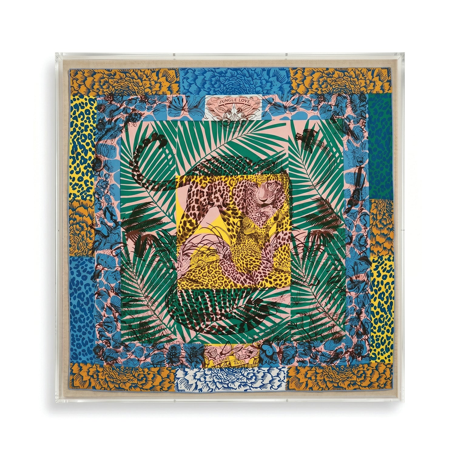 Framed Hermès Jungle Love Stamped Silk Scarf in a 30x30x2" Shadowbox