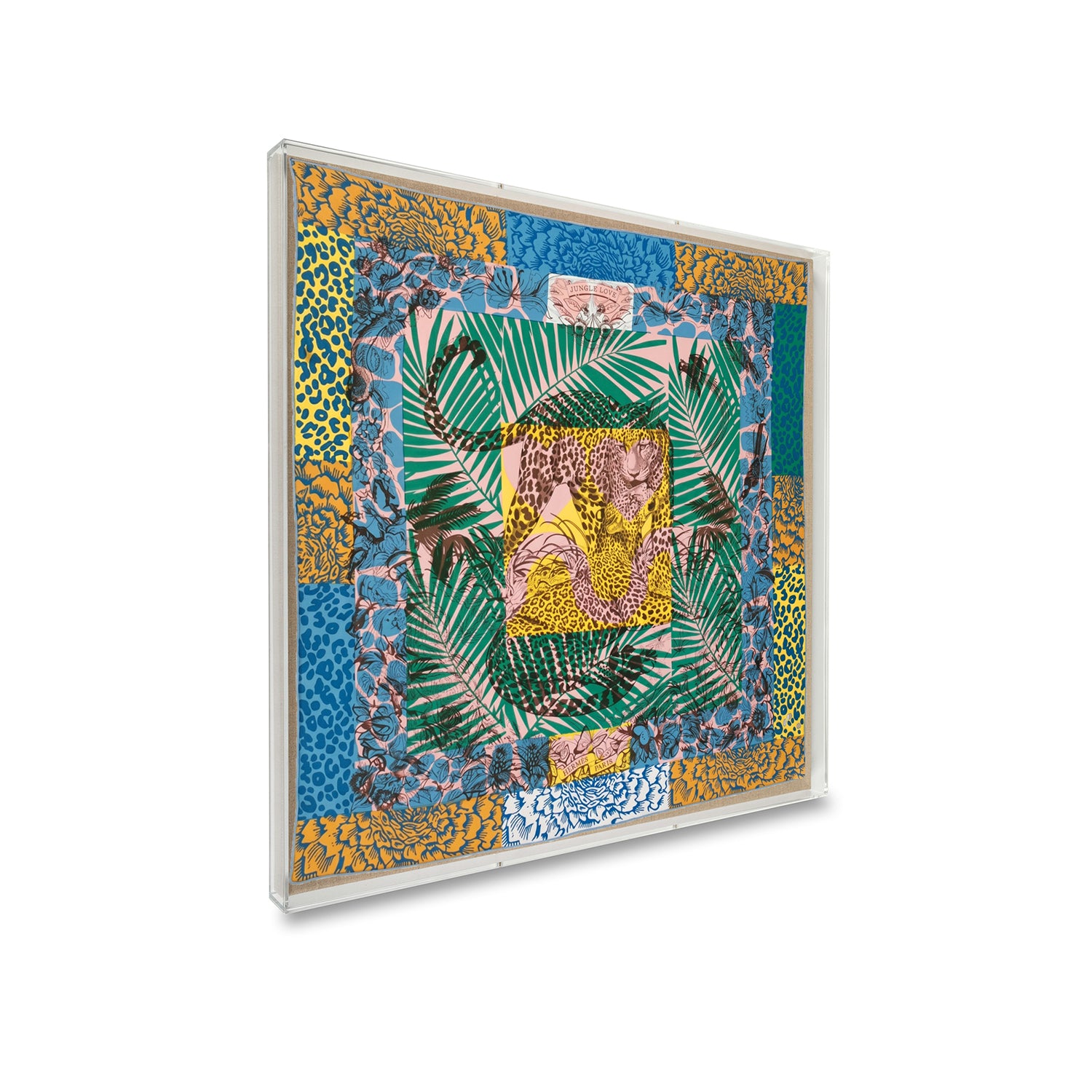 Framed Hermès Jungle Love Stamped Silk Scarf in a 30x30x2" Shadowbox
