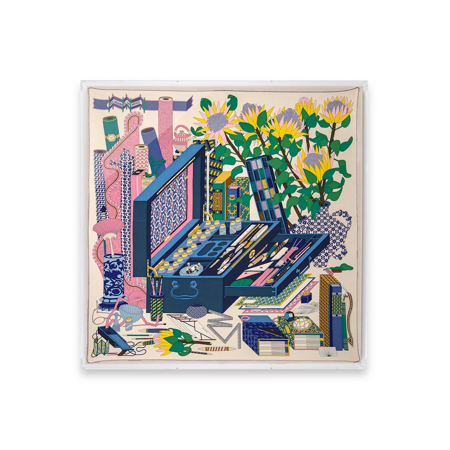 Framed Hermès Le Tresors d’Un Artiste Silk Scarf in a 36x36x2" Shadowbox