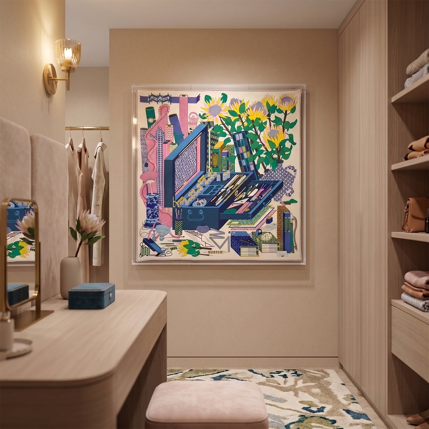 Framed Hermès Le Tresors d’Un Artiste Silk Scarf in a 36x36x2" Shadowbox