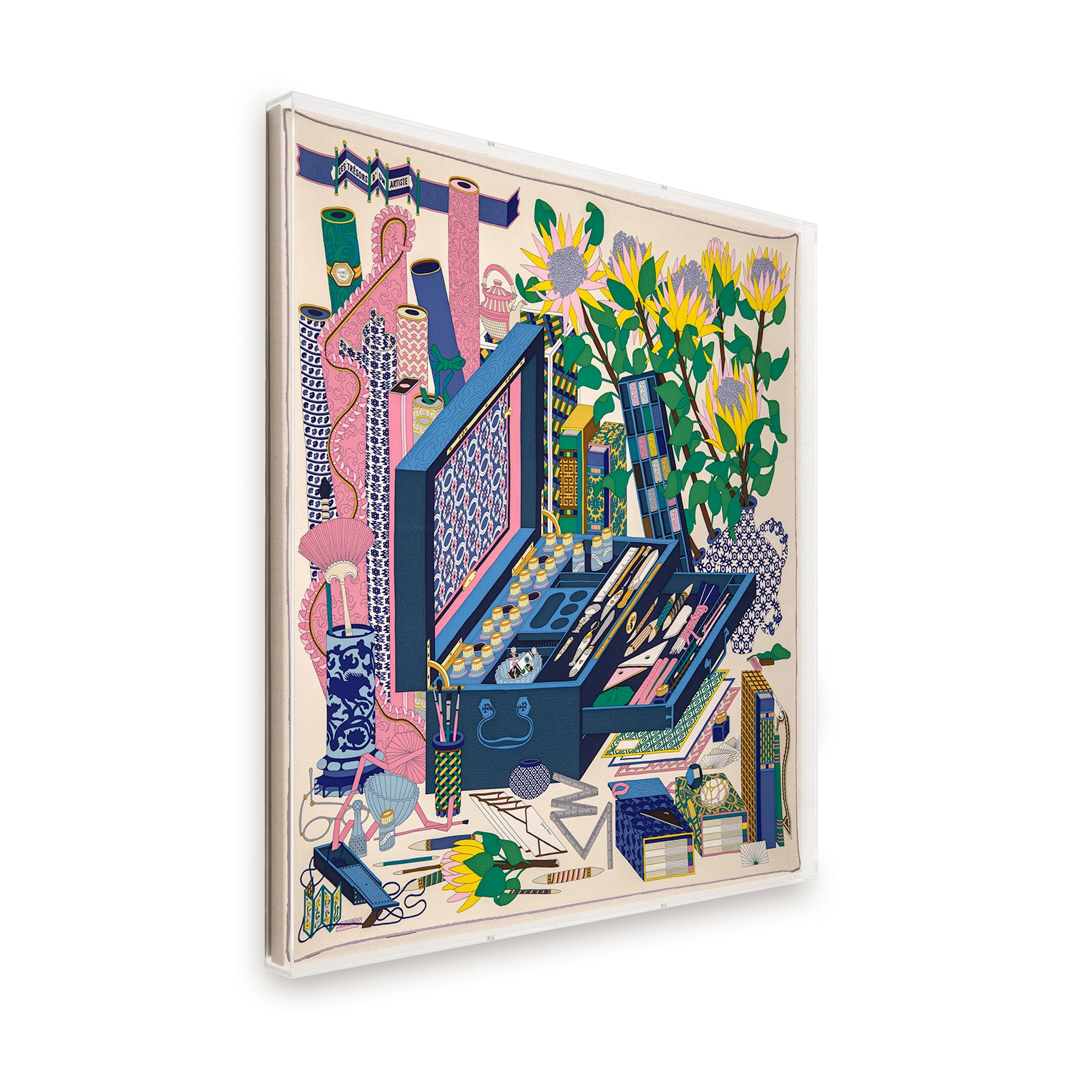 Framed Hermès Le Tresors d’Un Artiste Silk Scarf in a 36x36x2" Shadowbox