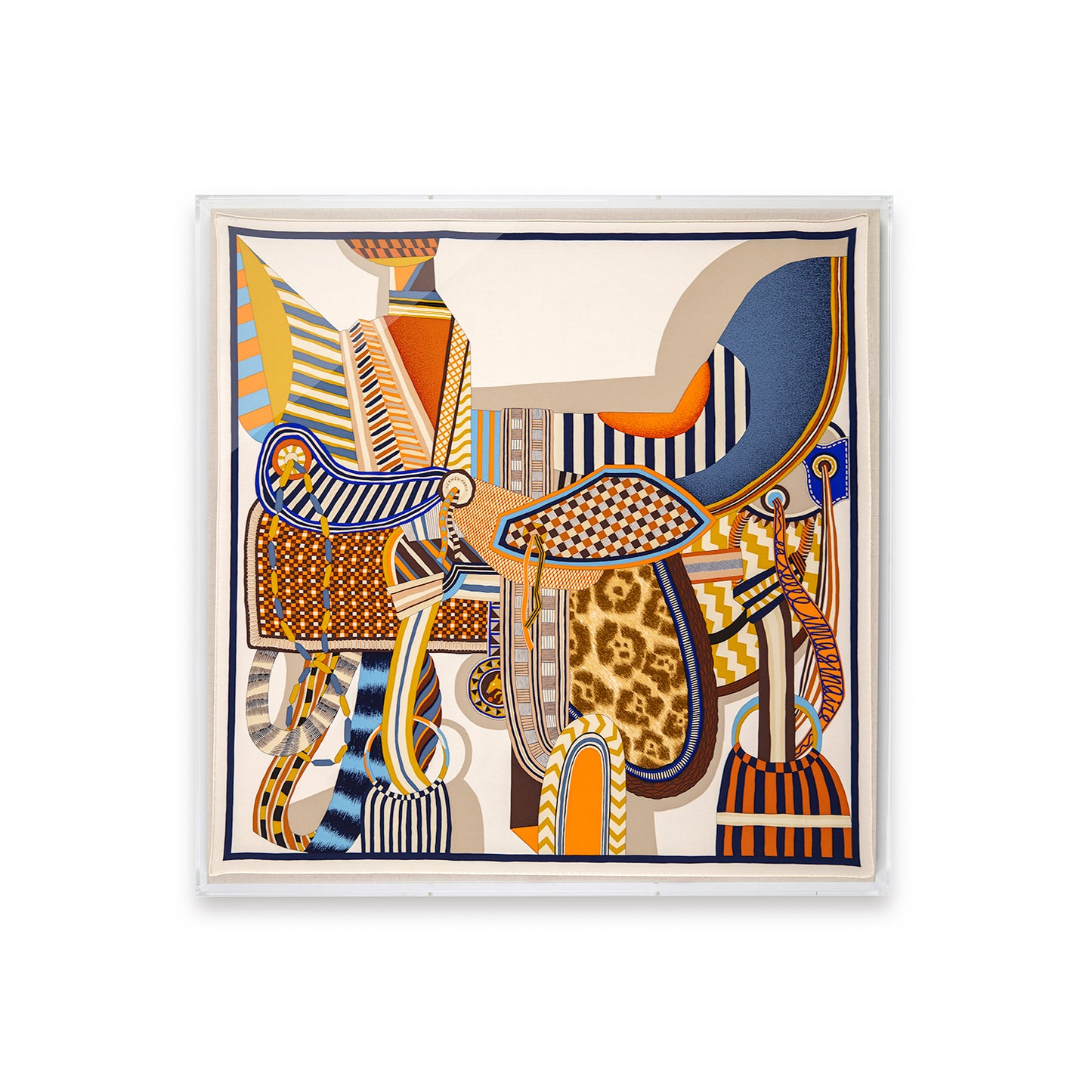 Framed Hermès La Selle Imaginaire Silk Scarf in a 36x36x2" Shadowbox