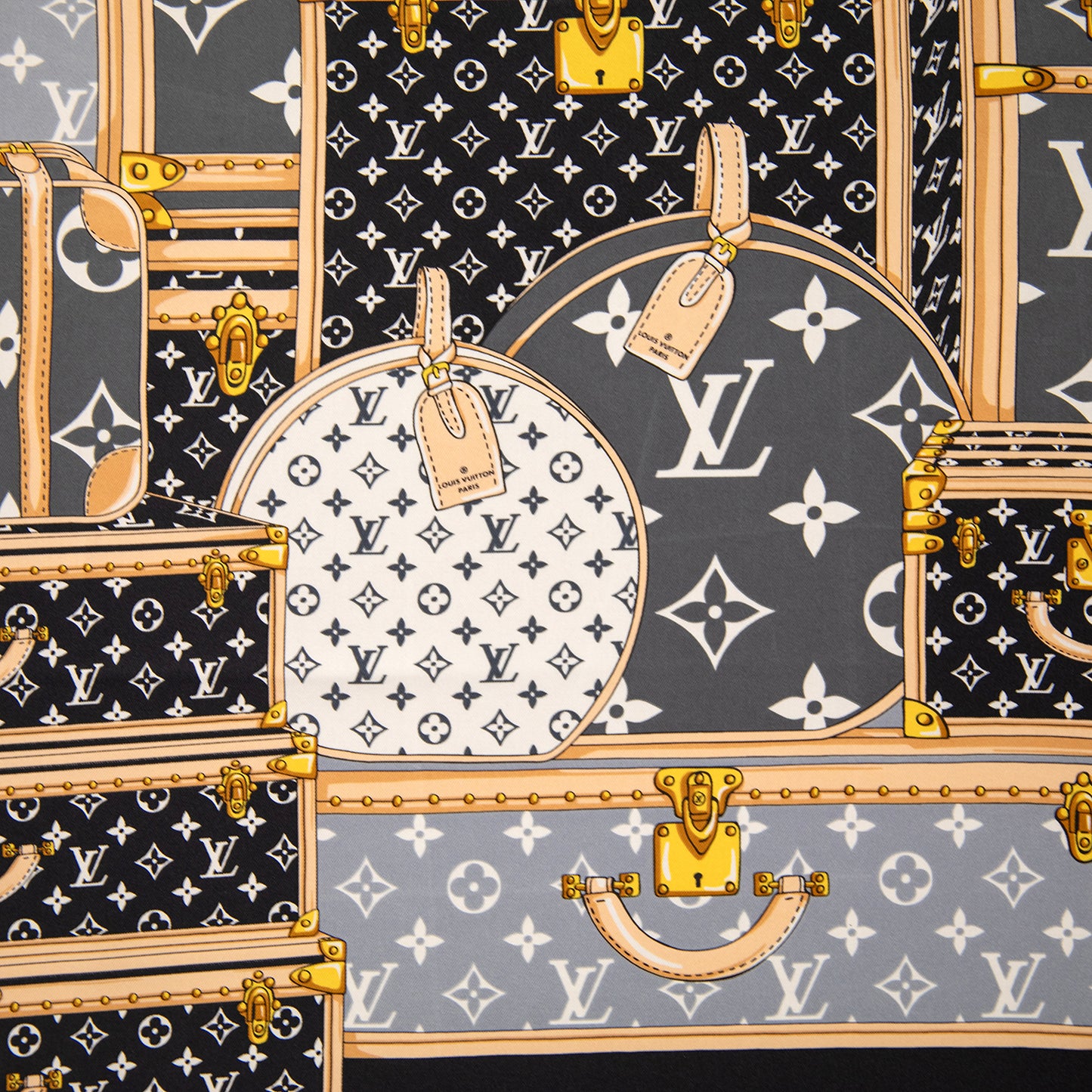 Framed Louis Vuitton Trunks Scarf in a 36x36x2" Shadowbox