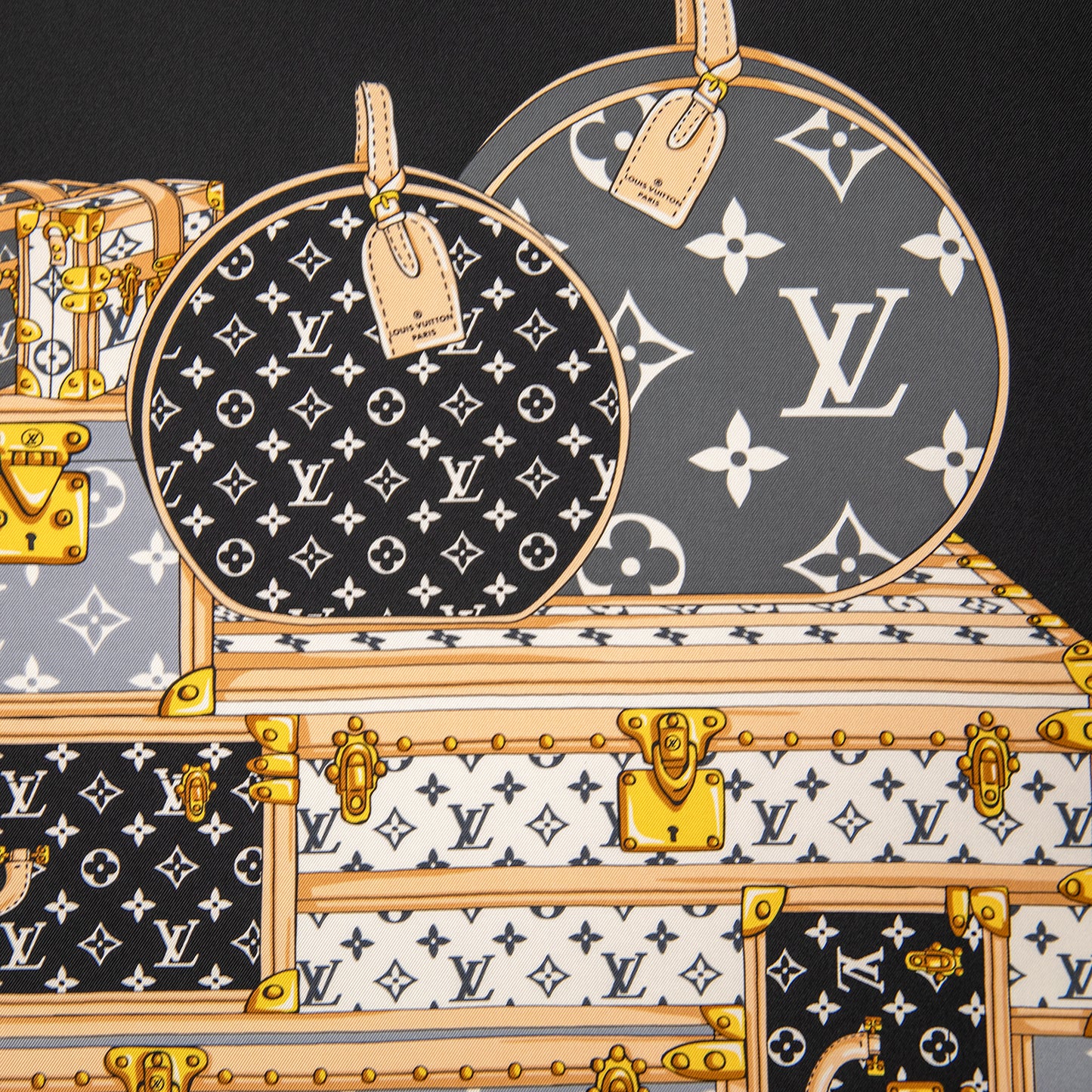 Framed Louis Vuitton Trunks Scarf in a 36x36x2" Shadowbox