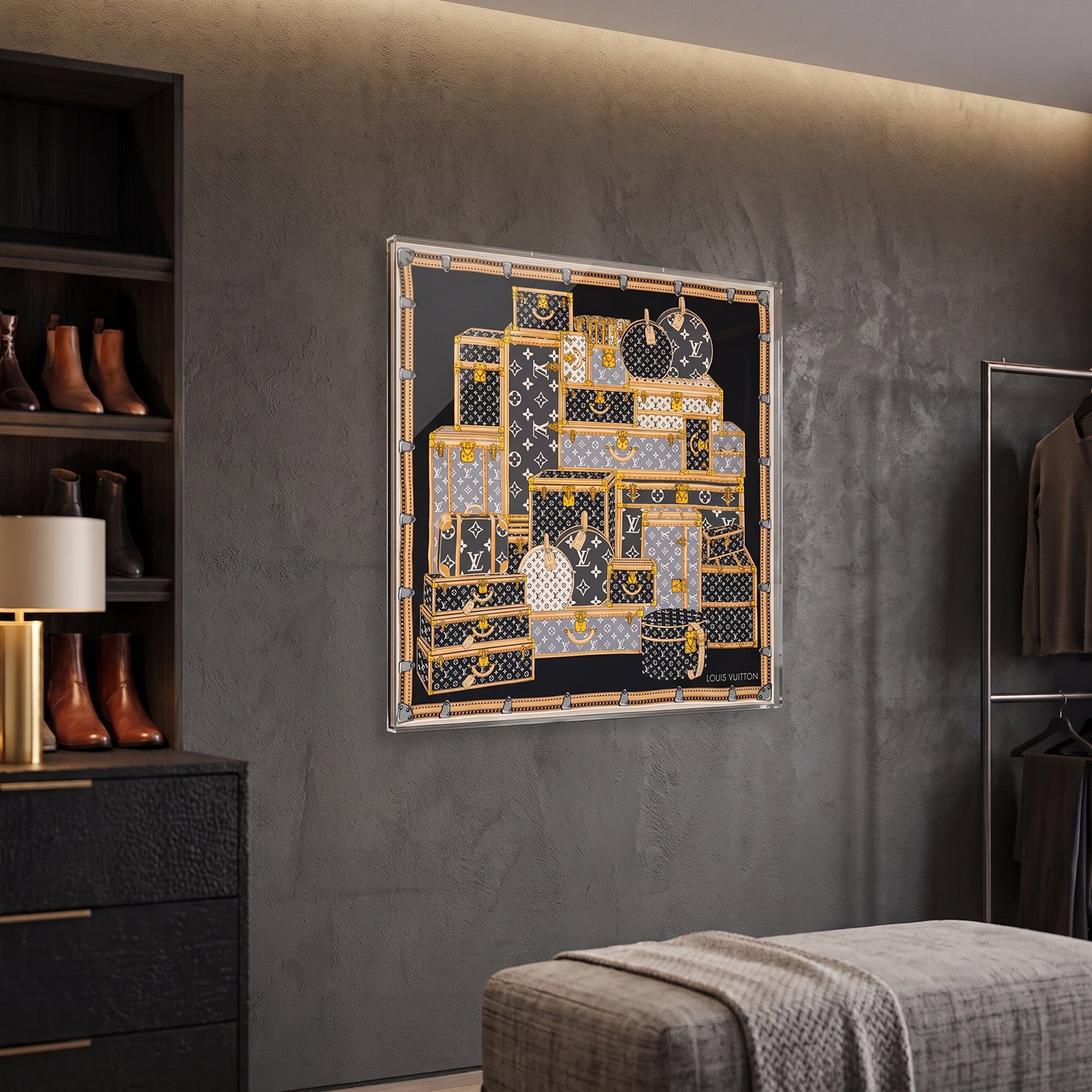 Framed Louis Vuitton Trunks Scarf in a 36x36x2" Shadowbox