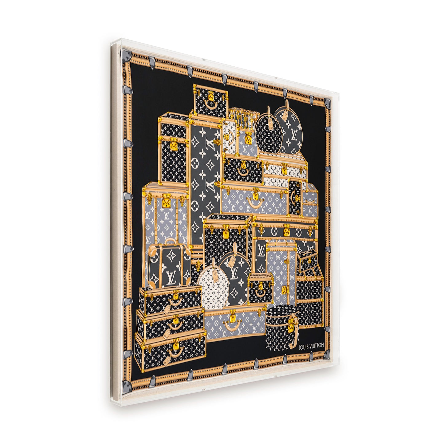 Framed Louis Vuitton Trunks Scarf in a 36x36x2" Shadowbox
