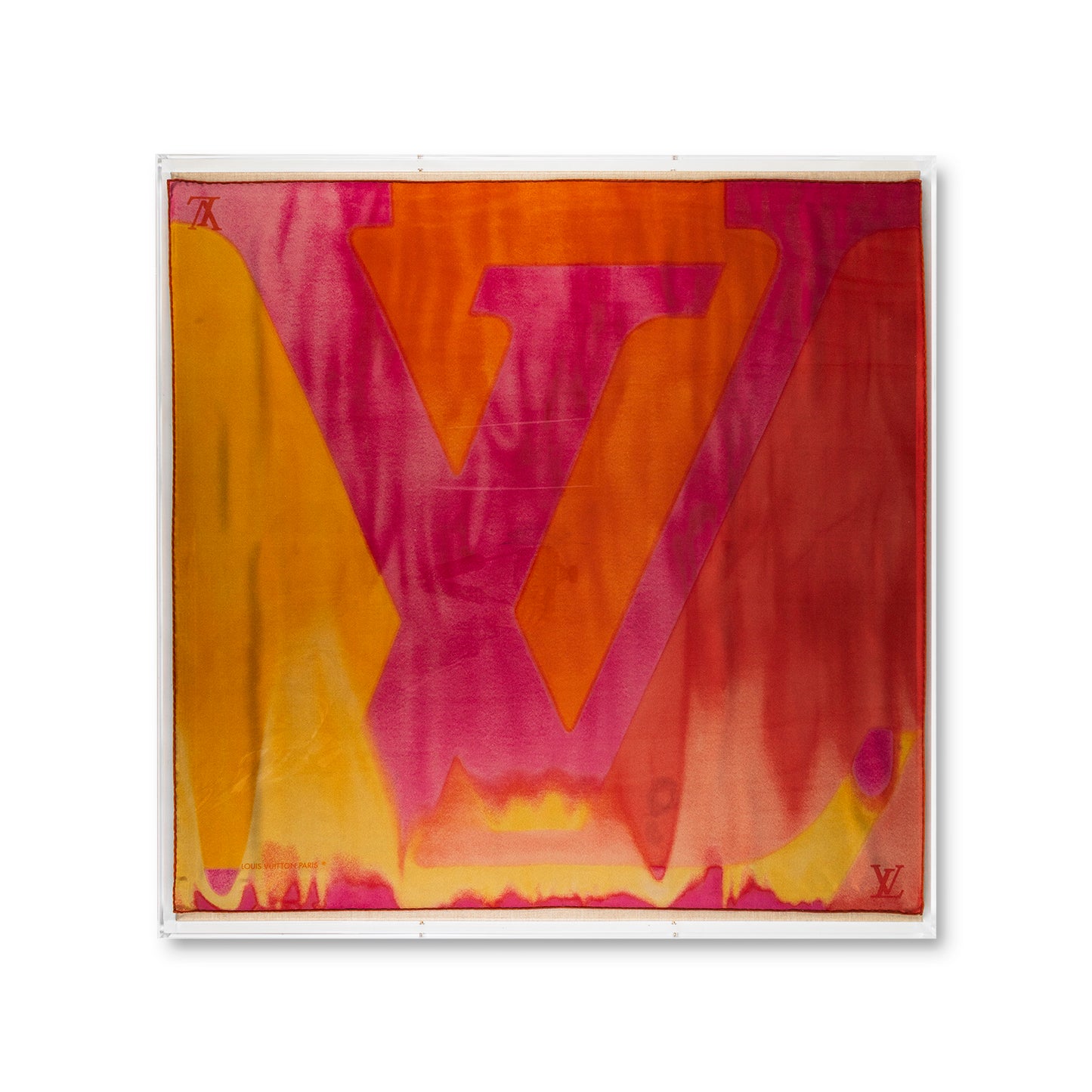 Framed Louis Vuitton Watercolor Orange Silk Scarf in a 36x36x2" Shadowbox