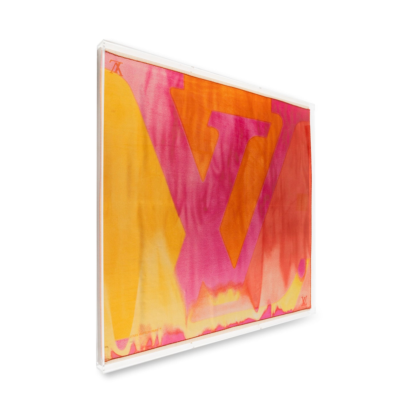 Framed Louis Vuitton Watercolor Orange Silk Scarf in a 36x36x2" Shadowbox