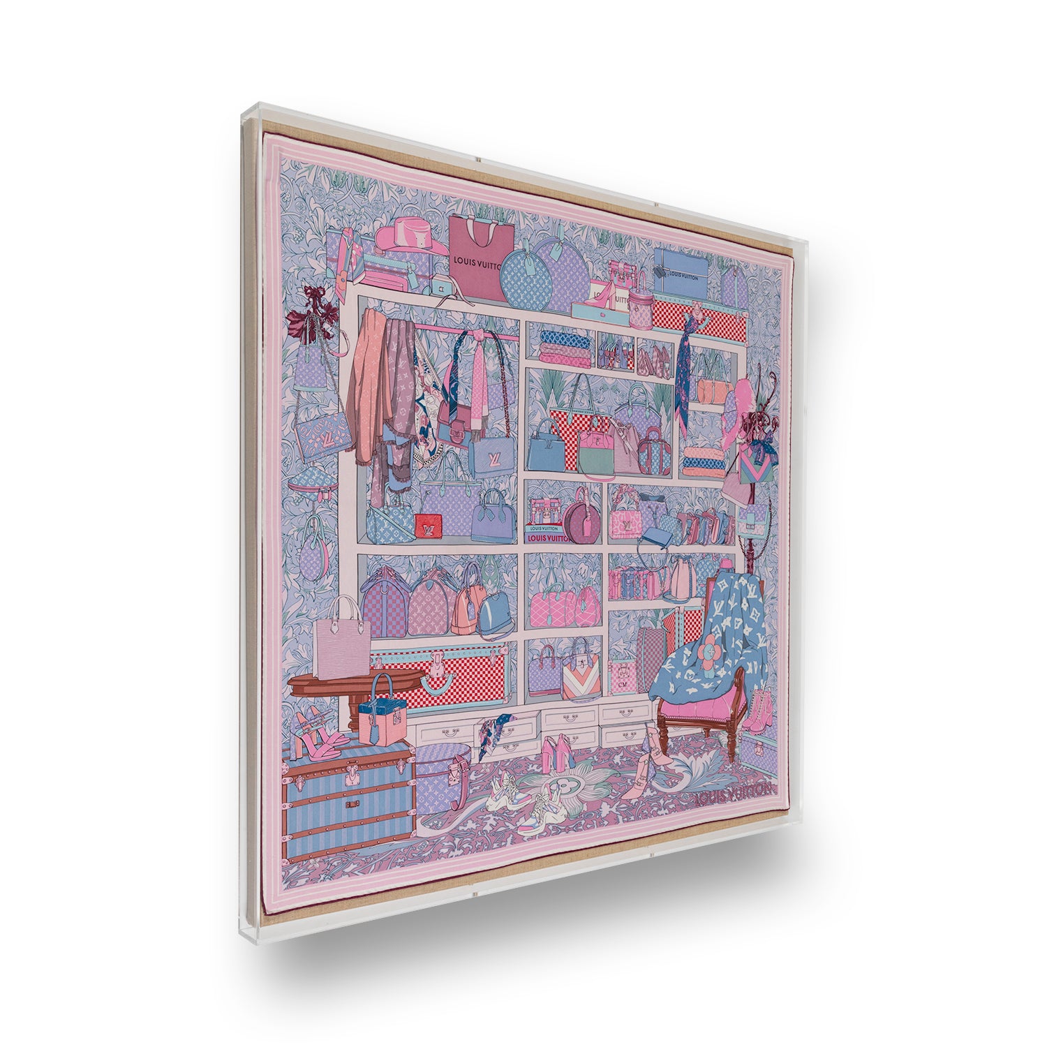 Framed Louis Vuitton Closet Scene Scarf with Pink in a 36x36x2