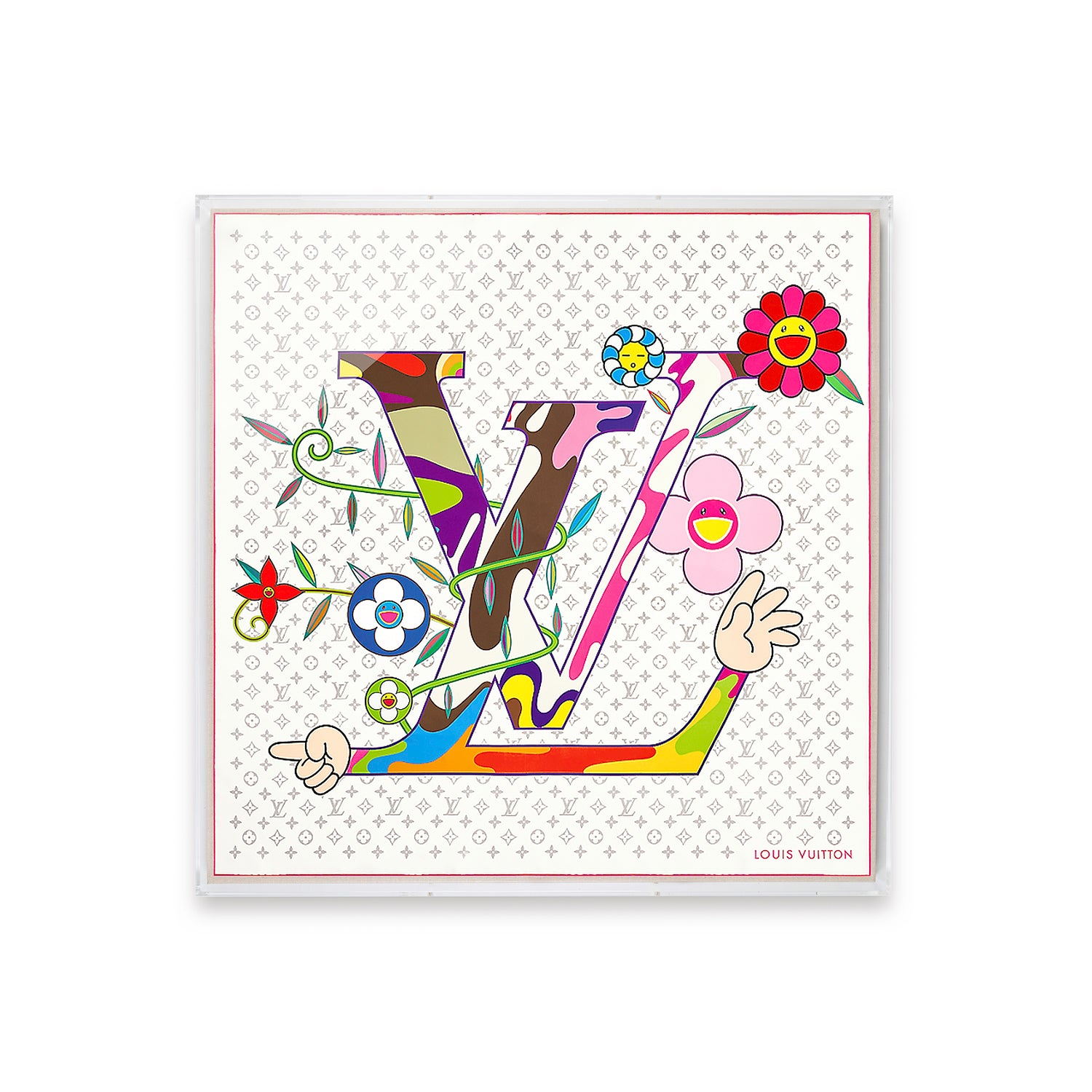 Framed Louis Vuitton x Takashi Murakami Monogram Silk Scarf in a 36x36x2" Shadowbox
