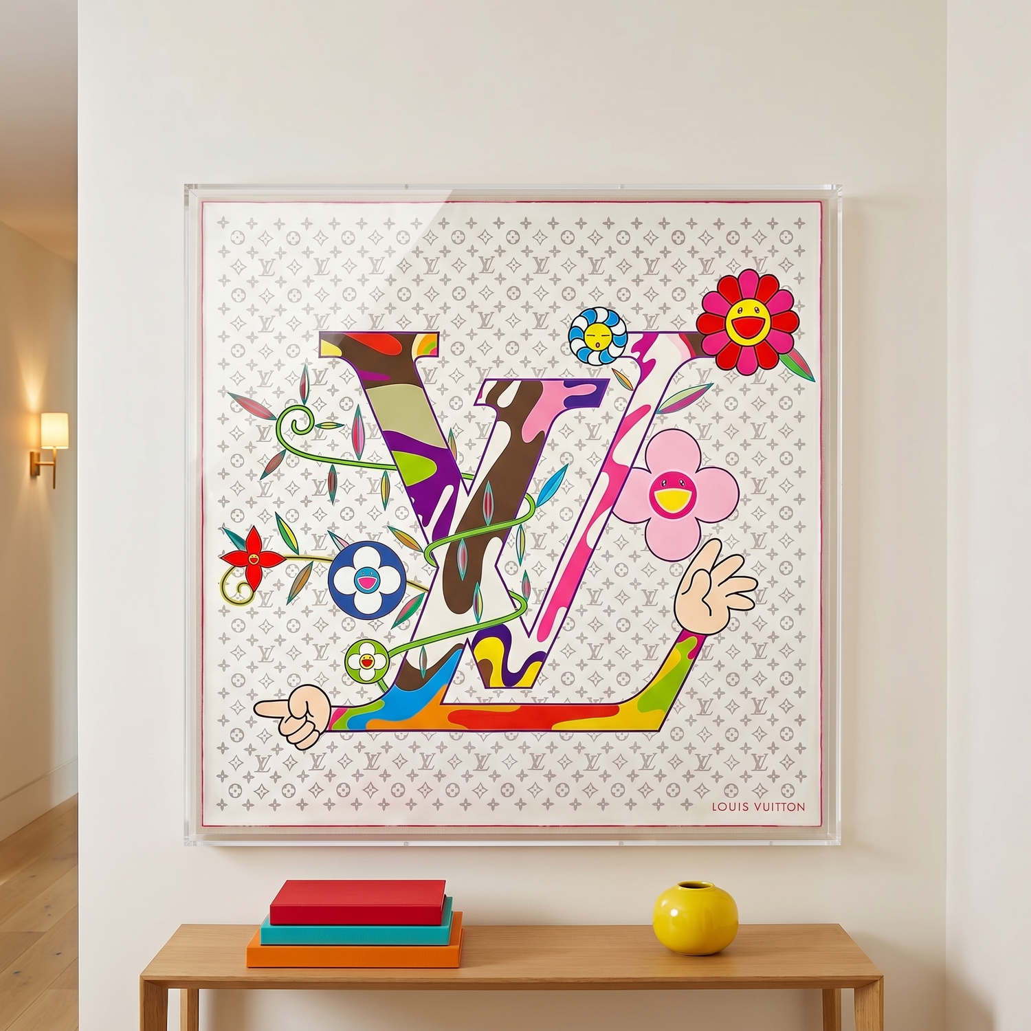 Framed Louis Vuitton x Takashi Murakami Monogram Silk Scarf in a 36x36x2" Shadowbox