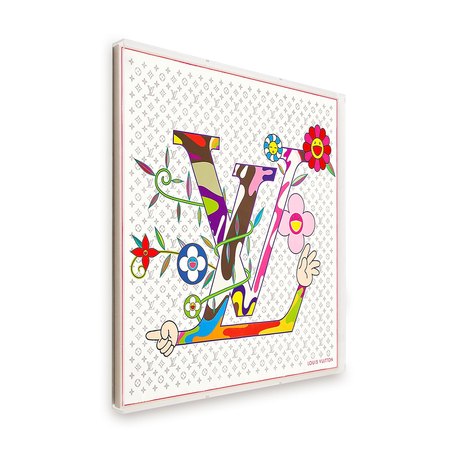 Framed Louis Vuitton x Takashi Murakami Monogram Silk Scarf in a 36x36x2" Shadowbox