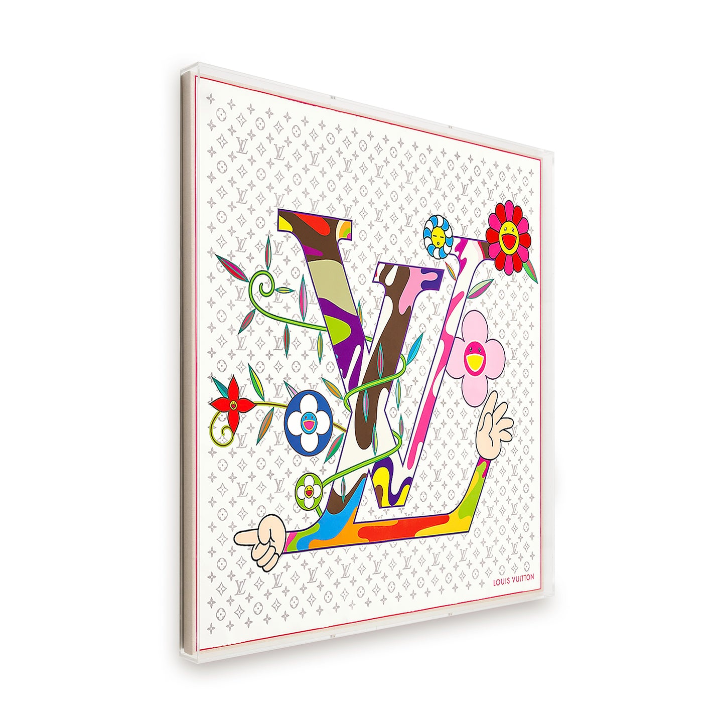 Framed Louis Vuitton x Takashi Murakami Monogram Silk Scarf in a 36x36x2" Shadowbox
