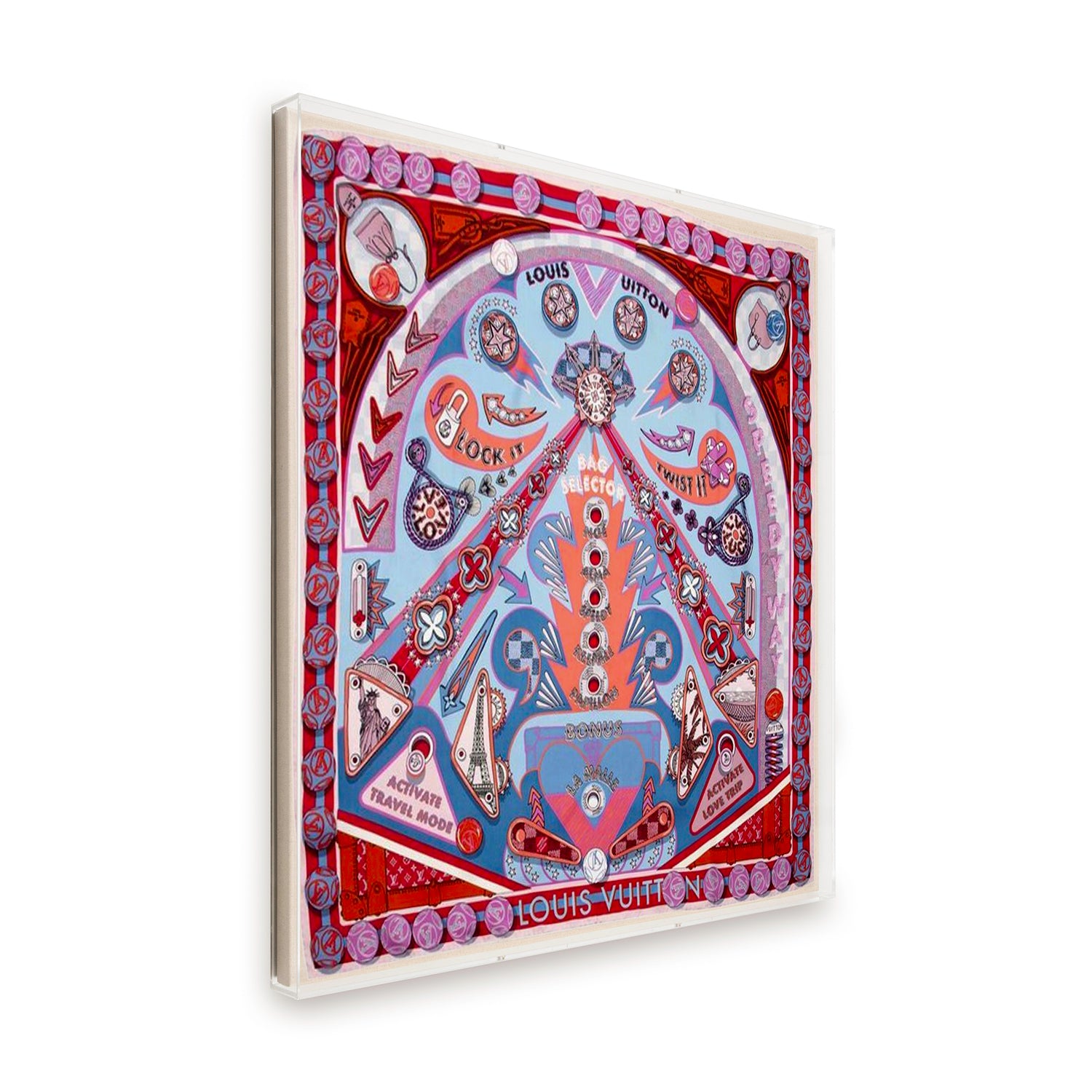 Framed Louis Vuitton Red Pinball Carre 90 in a 36x36x2