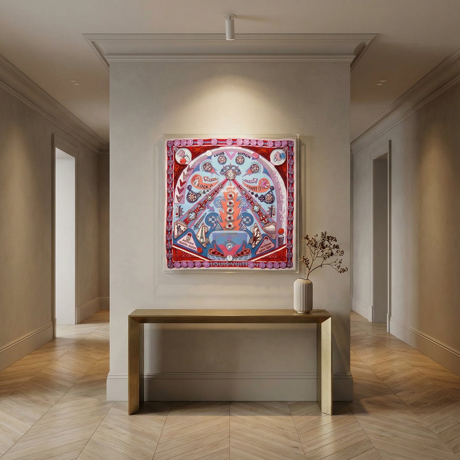 Framed Louis Vuitton Red Pinball Carre 90 Scarf in a 36x36x2" Shadowbox